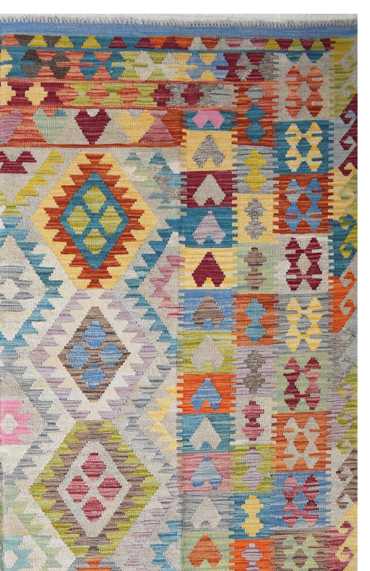 Handmade Afghan Maimana kilim rug featuring a vibrant, multicolored geometric diamond pattern.