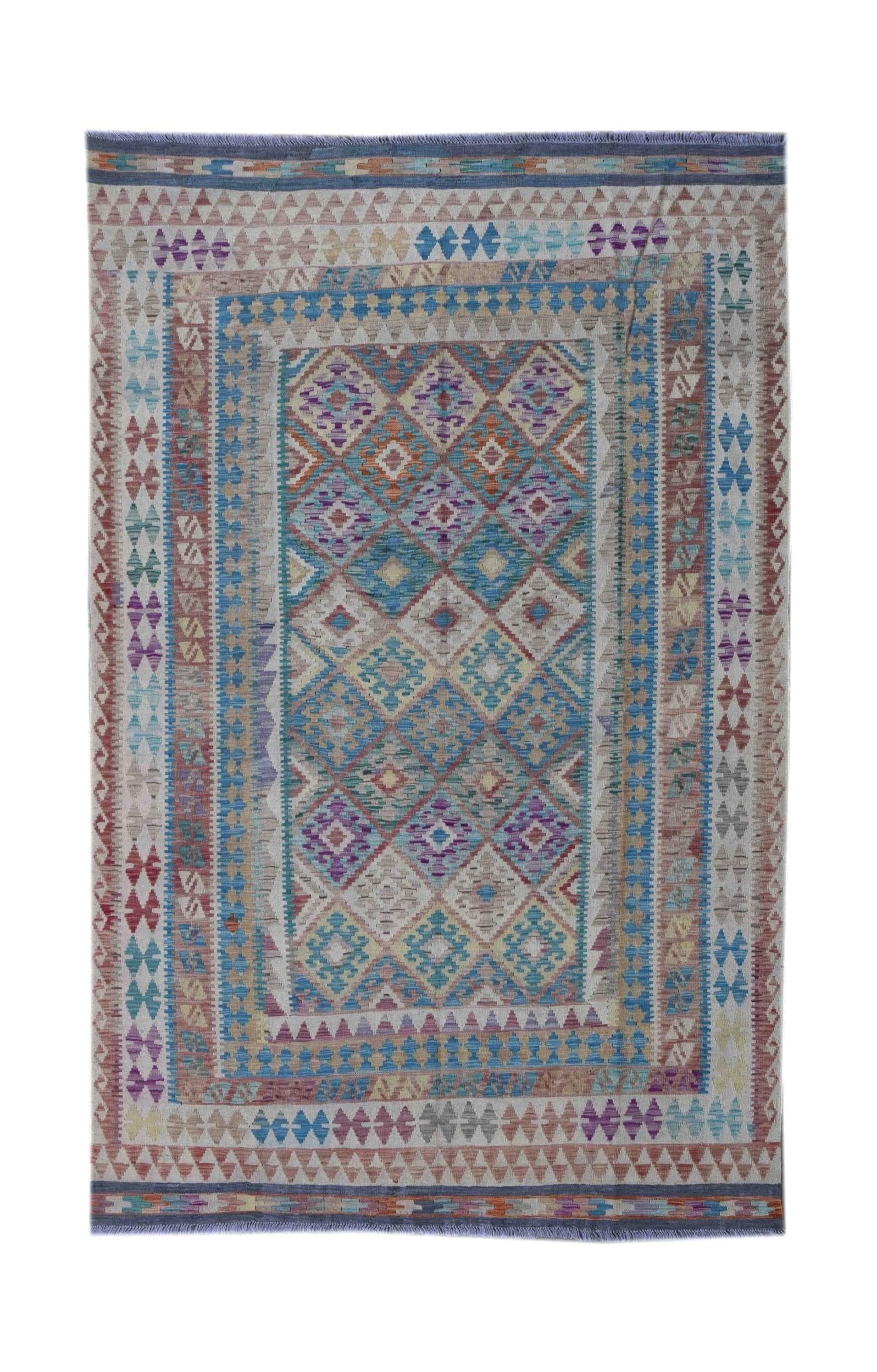 Handmade Afghan Maimana kilim rug featuring a colorful geometric diamond pattern.