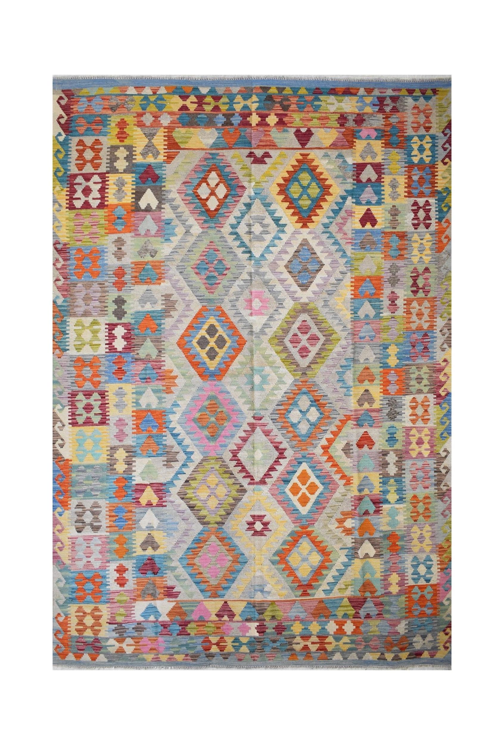 Handmade Afghan Maimana kilim rug featuring a colorful geometric diamond pattern.