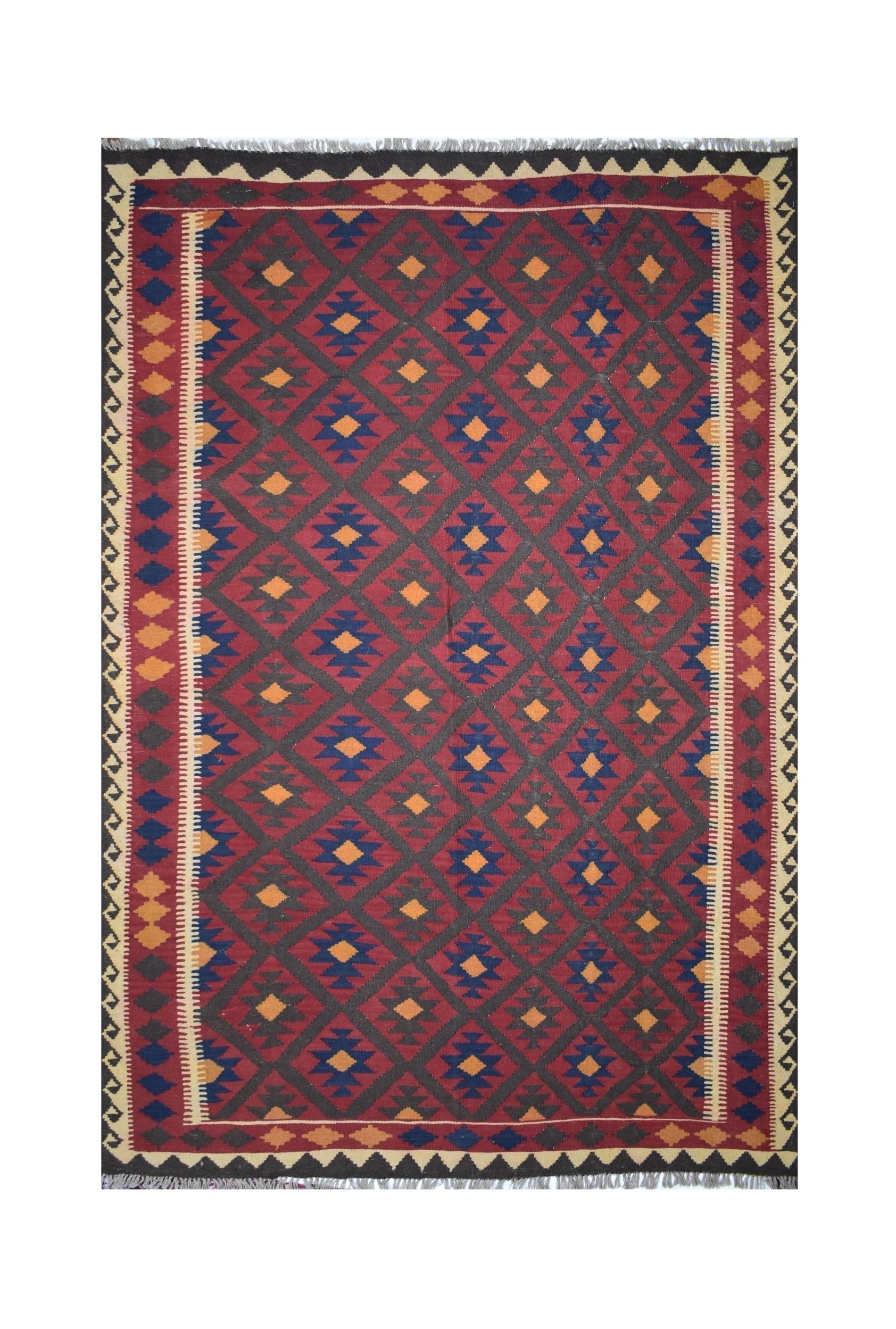 Handmade Afghan Maimana kilim rug featuring a repeating geometric diamond pattern in red and blue.