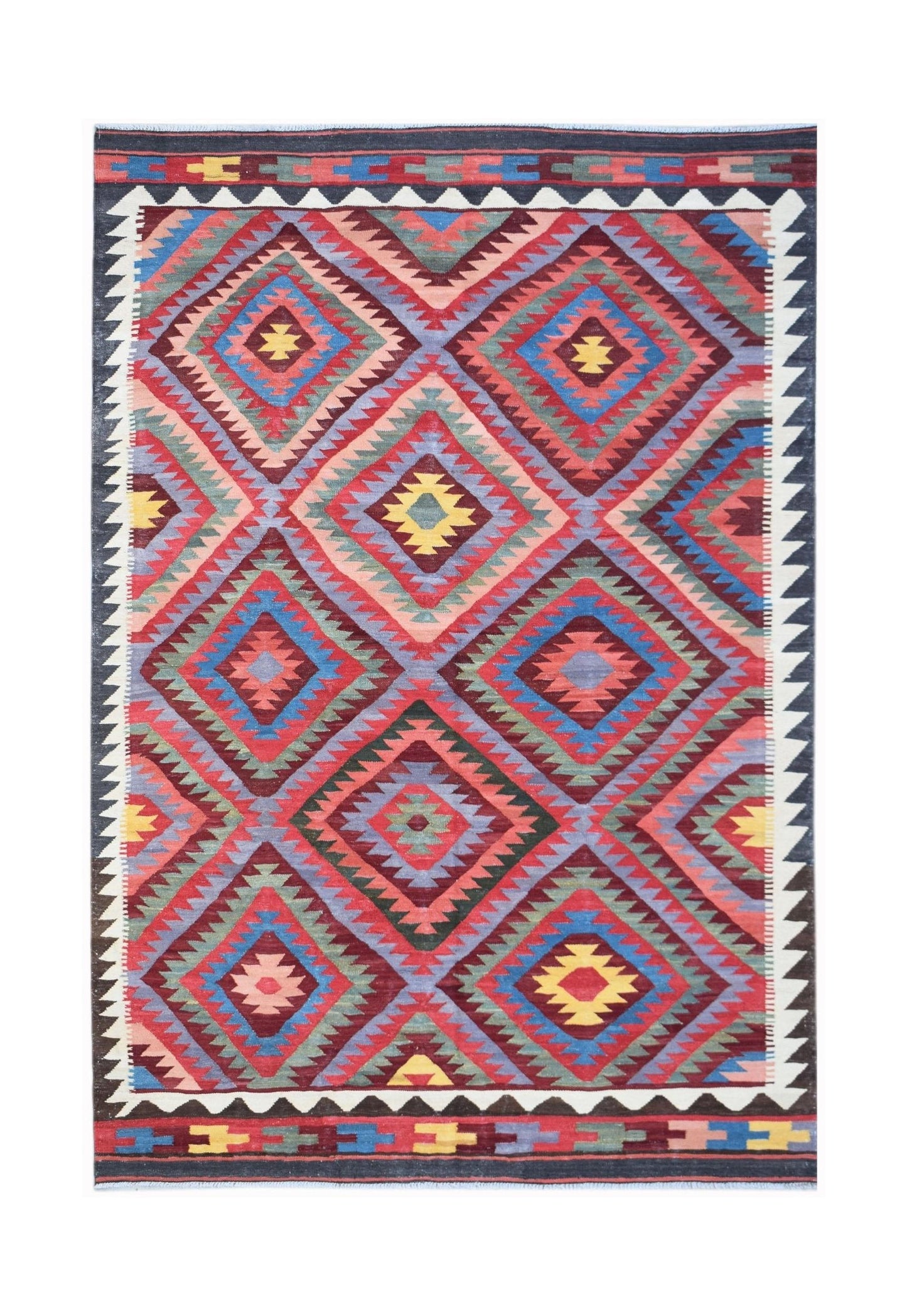 Handwoven Afghan Maimana kilim rug featuring a colorful geometric diamond pattern.