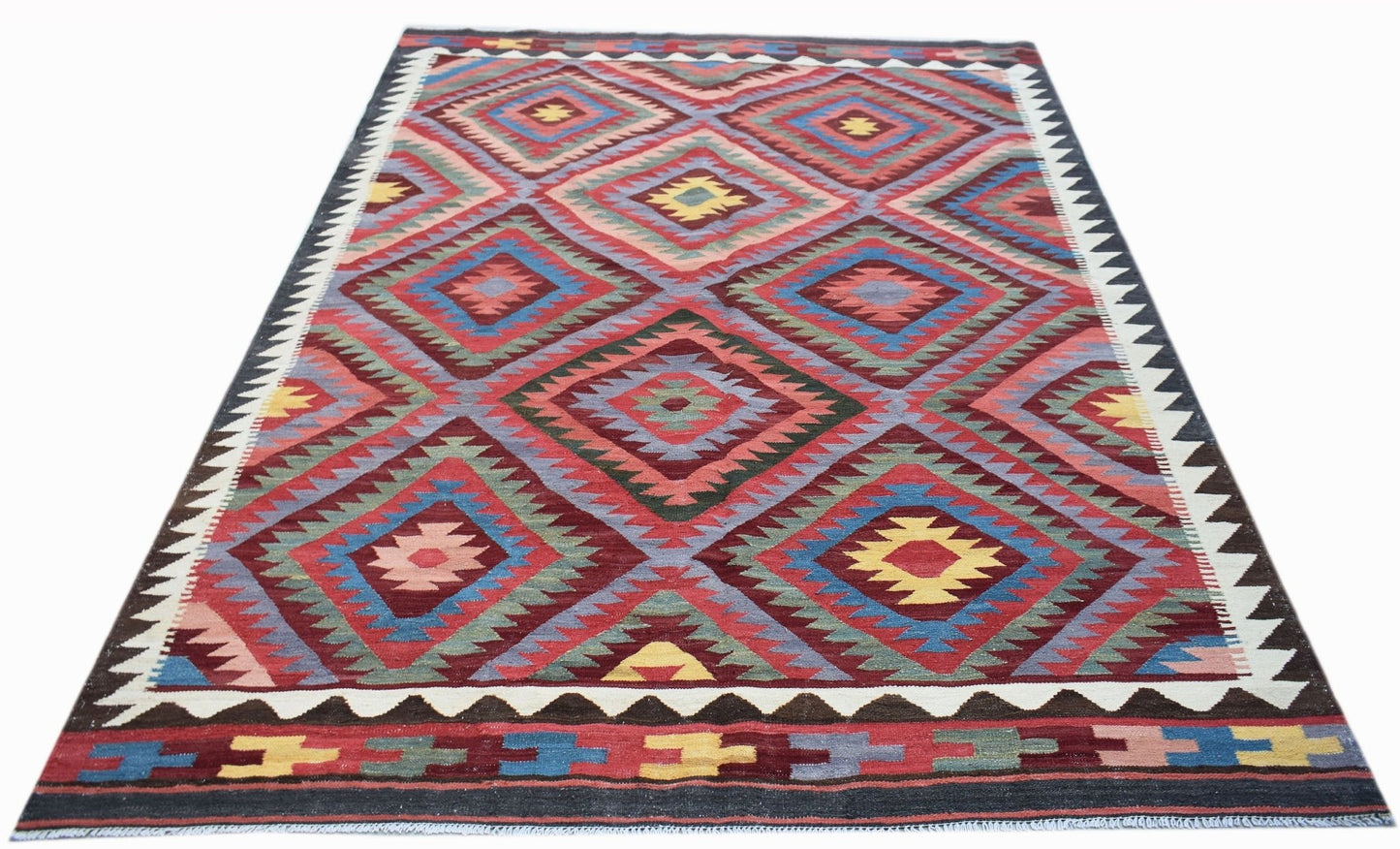 Handwoven Afghan Maimana kilim rug featuring a colorful geometric diamond pattern.