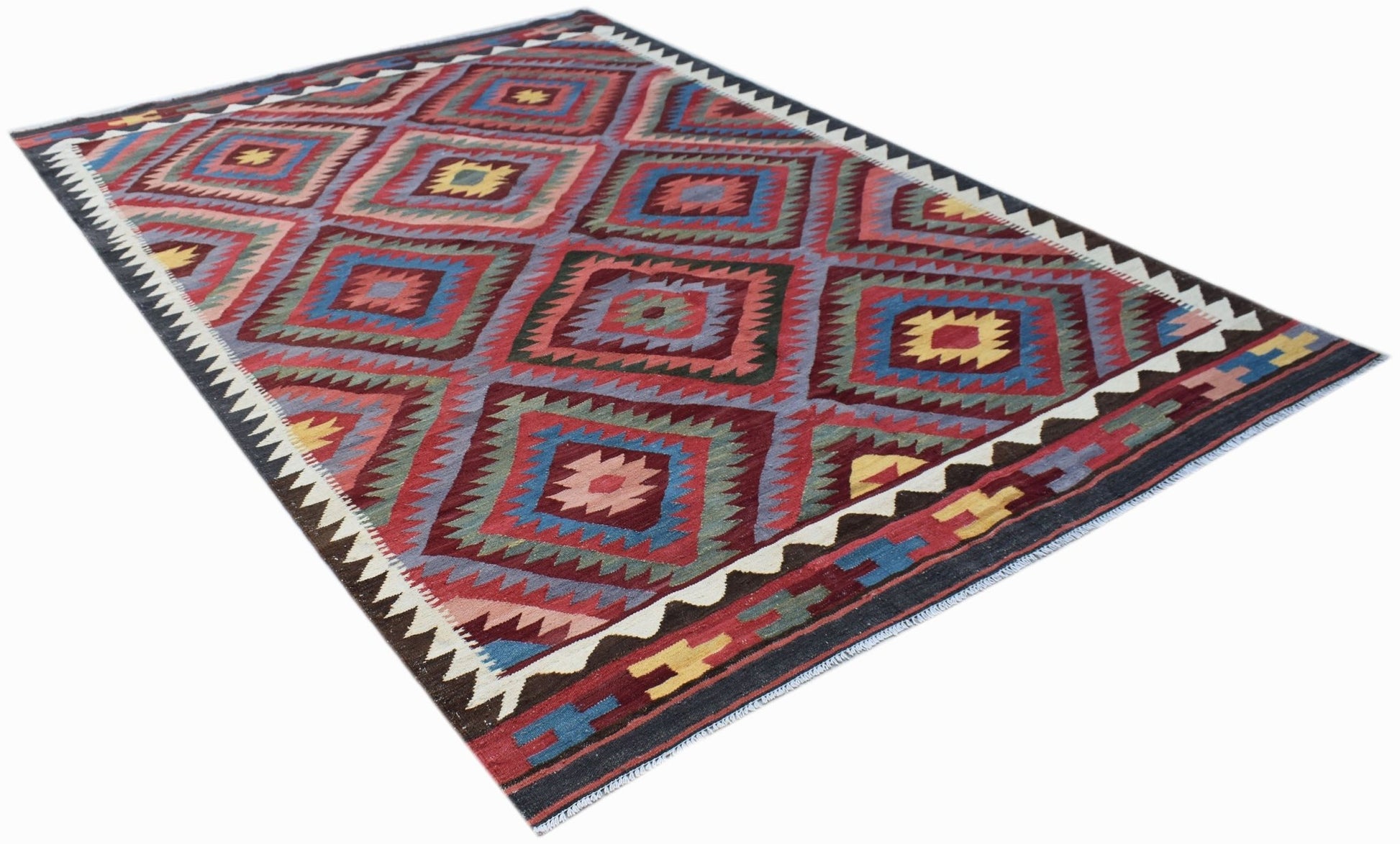 Handwoven Afghan Maimana kilim rug featuring a colorful geometric diamond pattern in wool.