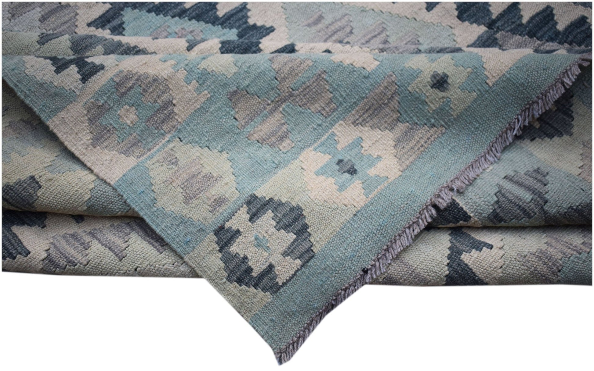 Handwoven Afghan Maimana kilim rug featuring a geometric pattern in shades of blue and grey.