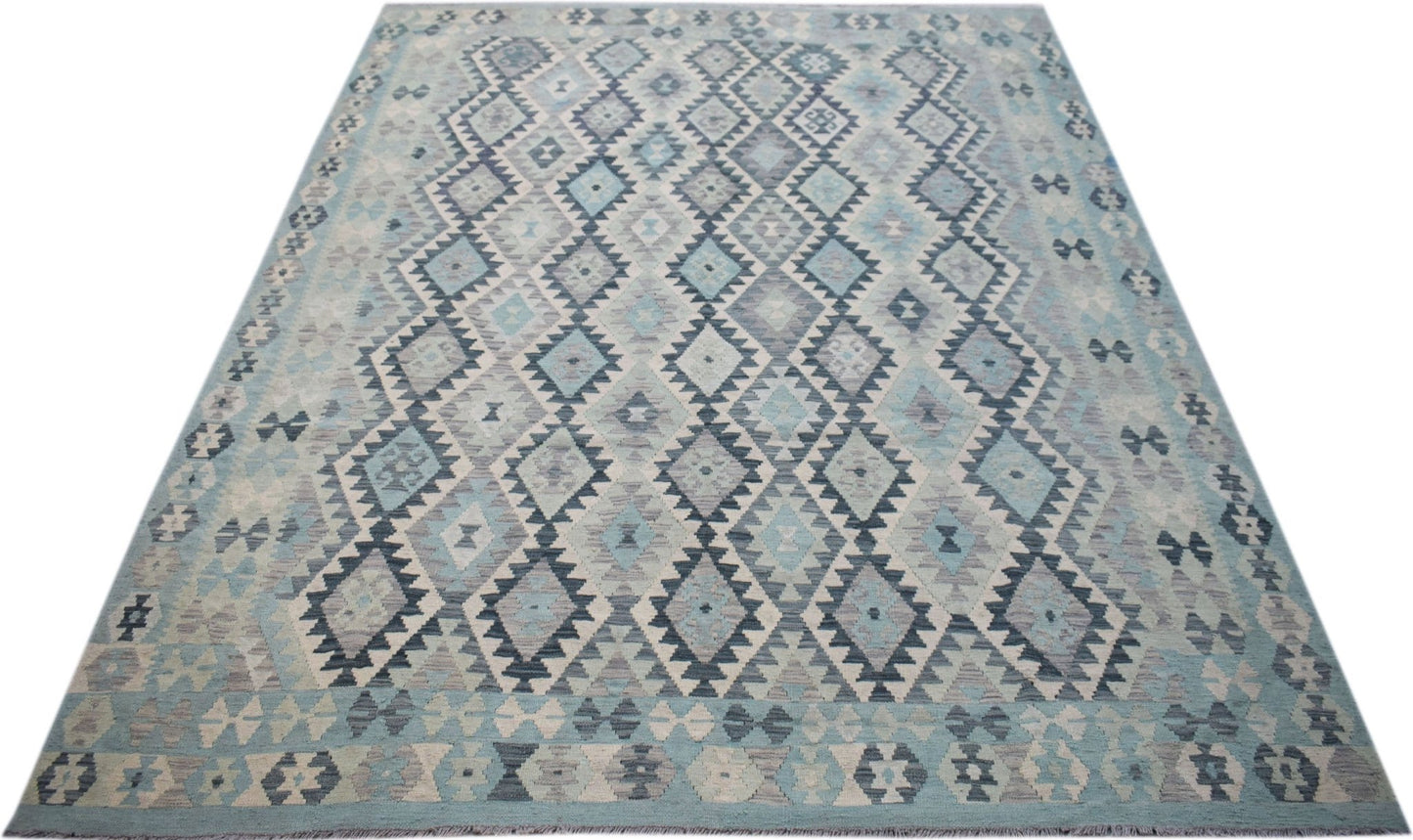 Handwoven Afghan Maimana kilim rug featuring a geometric diamond pattern in shades of blue and grey.
