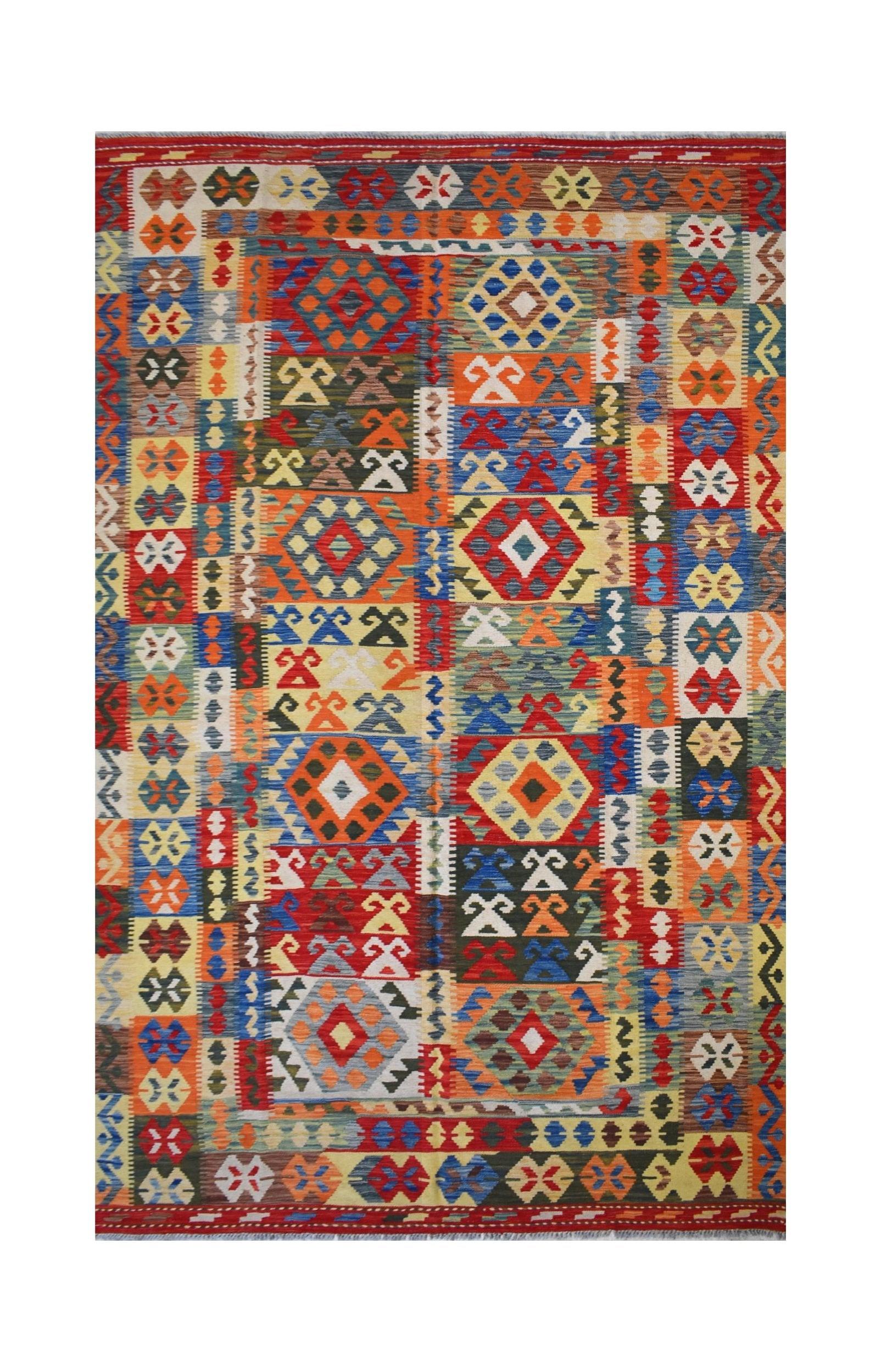 Handmade Afghan Maimana kilim rug featuring a vibrant, multi-colored geometric pattern.
