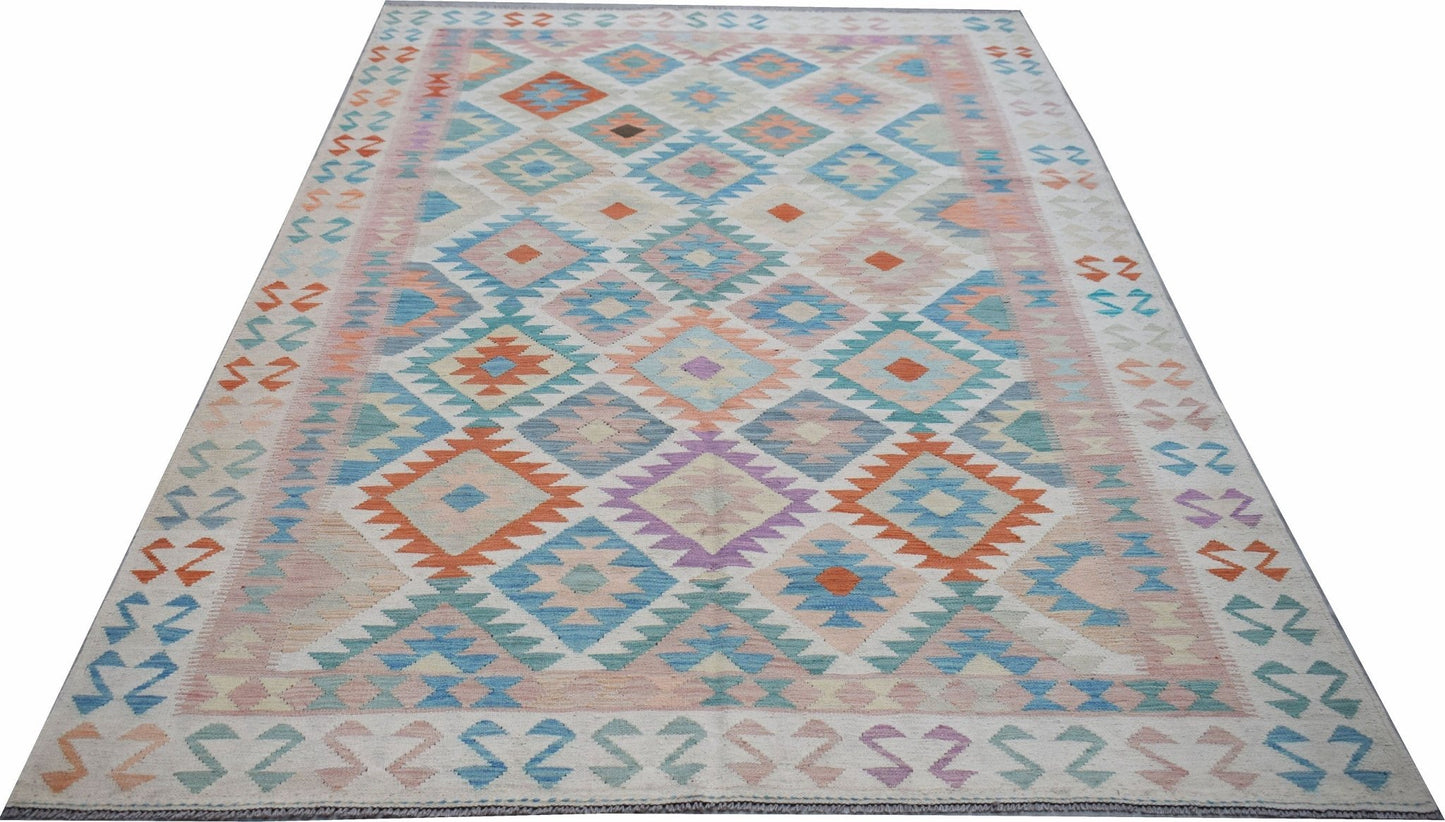 Handwoven Afghan Maimana kilim rug featuring a colorful geometric diamond pattern.