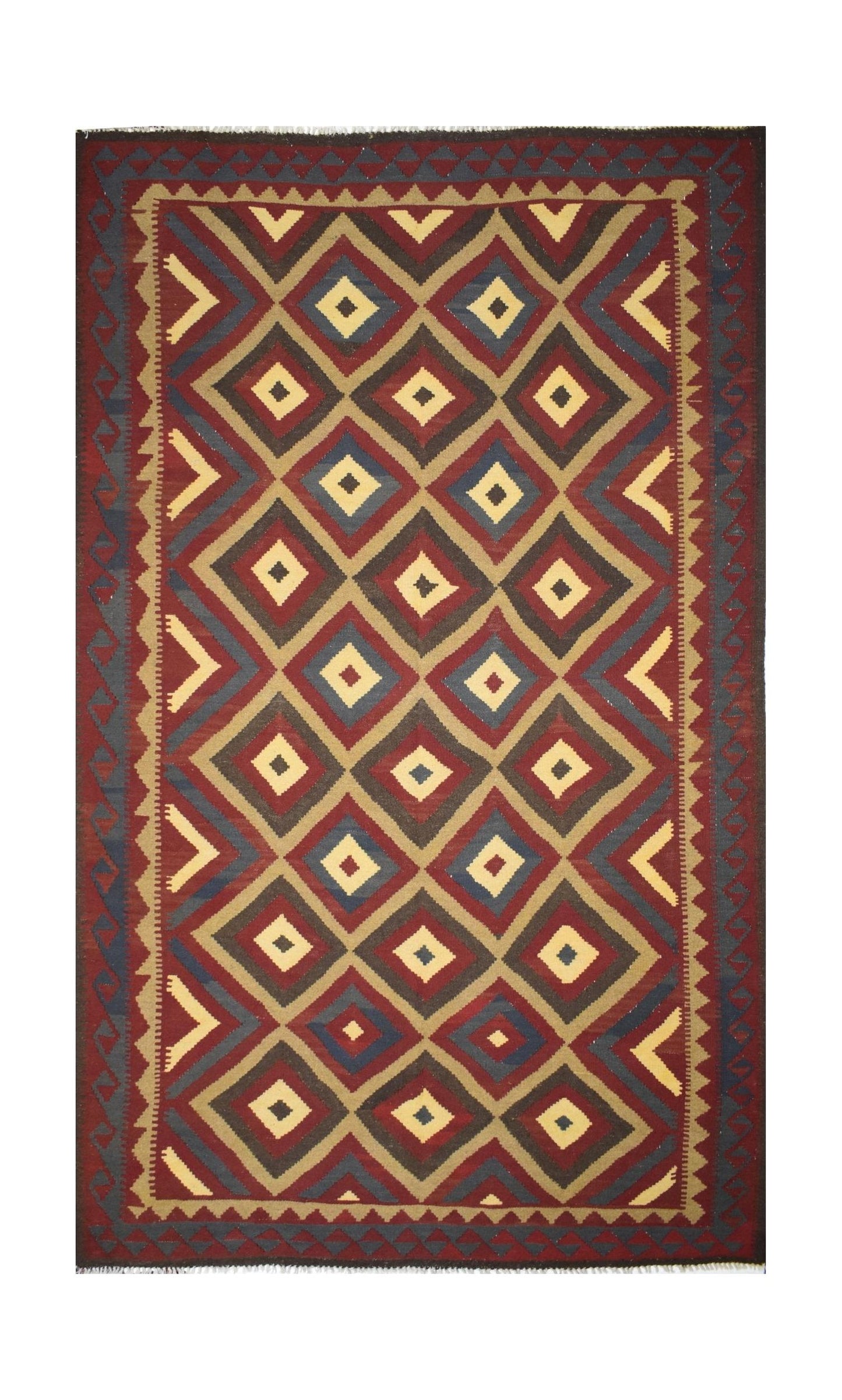 Handmade Afghan Maimana kilim rug featuring a repeating geometric diamond pattern in earthy tones.