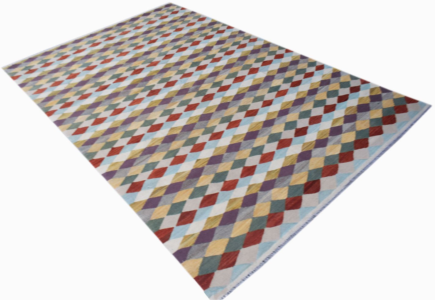 Afghan Maimana Kilim with a diamond pattern in multiple colors.