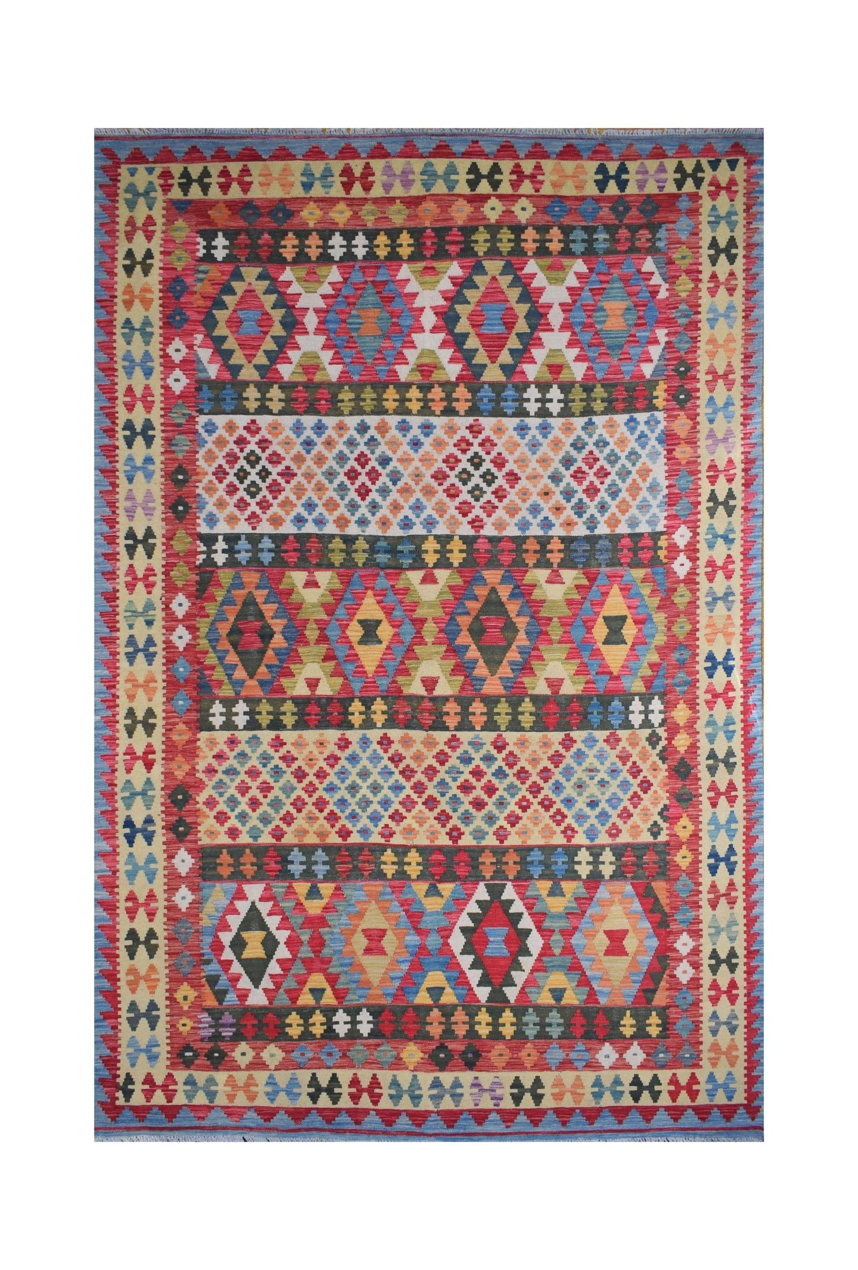 Handmade Afghan Maimana kilim rug featuring a vibrant geometric pattern in wool.