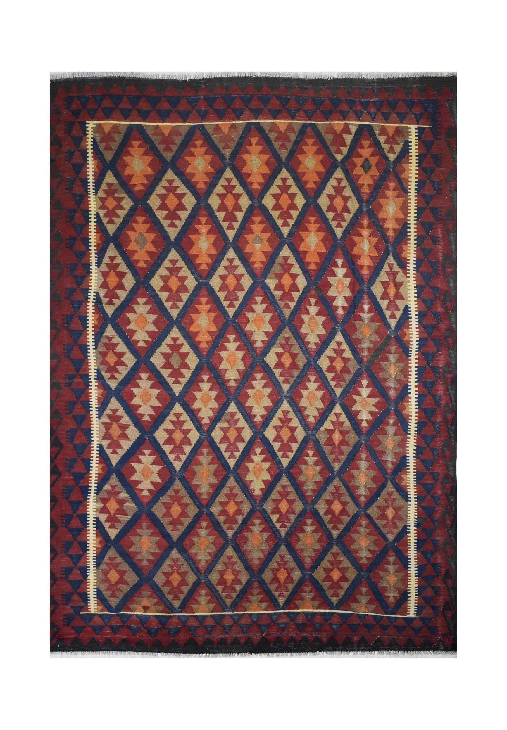 Handmade Afghan Maimana kilim rug featuring a repeating diamond pattern in red, blue, and tan.