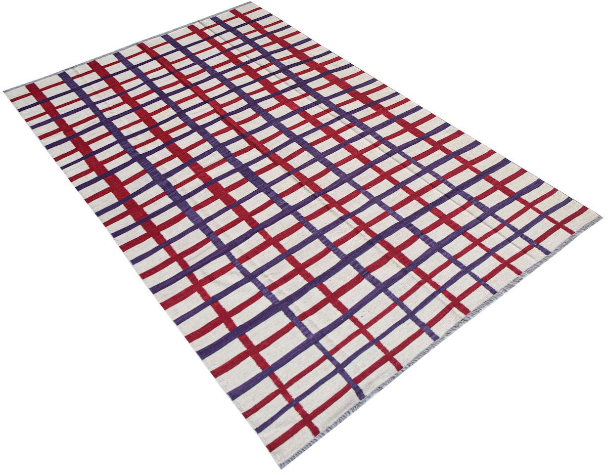 Afghan Maimana Kilim with a red and purple plaid pattern on a white background.