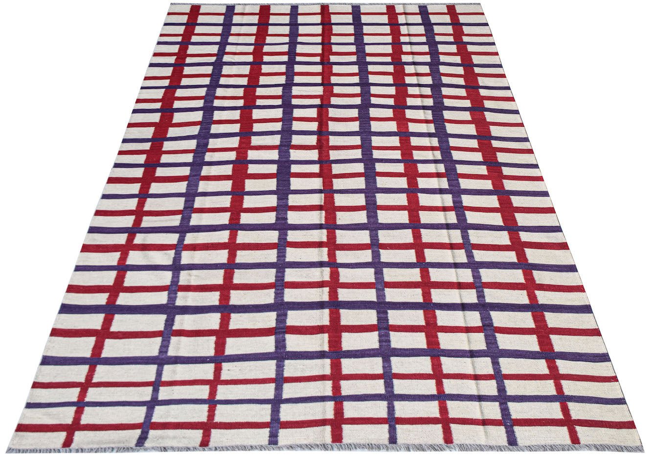 Afghan Maimana Kilim with a red and purple plaid pattern on a cream background.