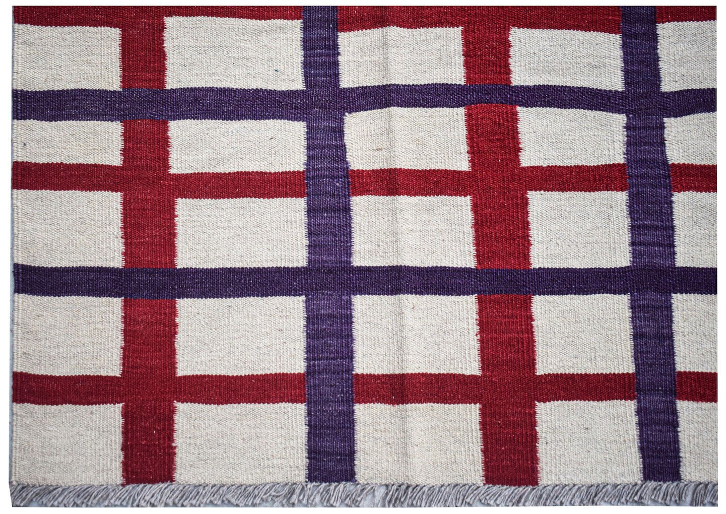 Afghan Maimana Kilim with a red and purple plaid pattern.