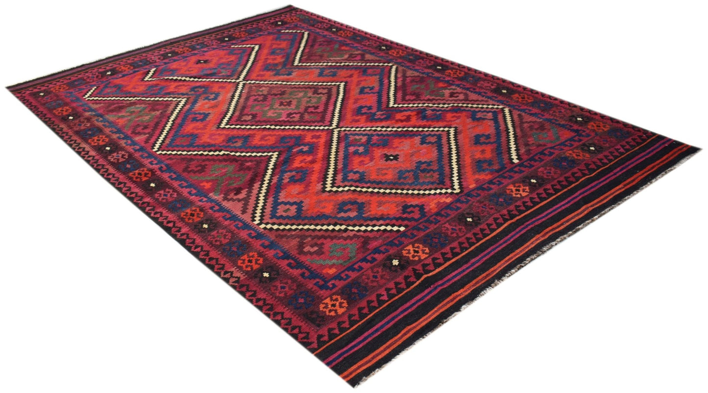 A handmade Afghan Maimana kilim rug featuring a geometric diamond pattern in red and blue tones.