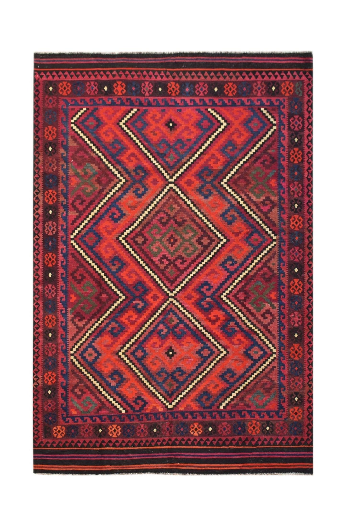Handwoven Afghan Maimana kilim featuring a geometric diamond pattern in red, blue, and green wool.
