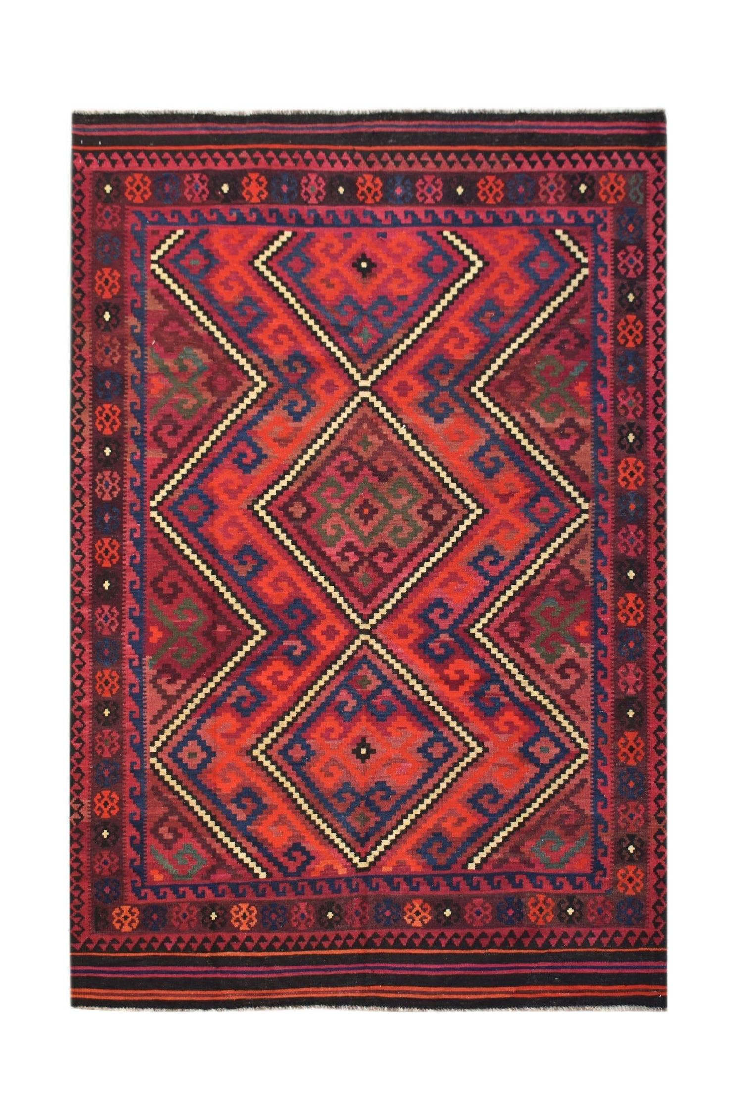 Handwoven Afghan Maimana kilim featuring a geometric diamond pattern in red, blue, and green wool.