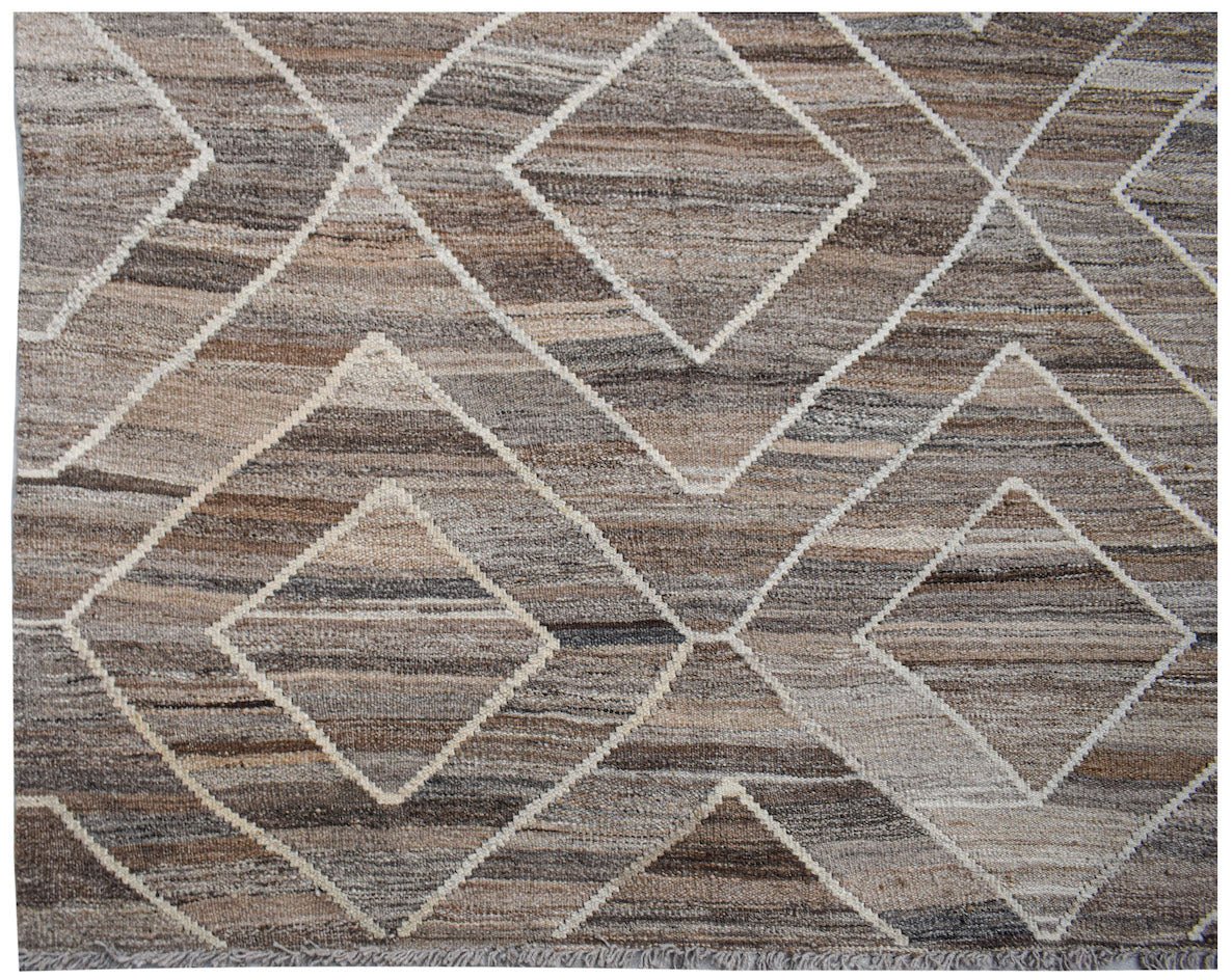 Handwoven Afghan Maimana kilim rug featuring a brown and beige geometric diamond pattern.