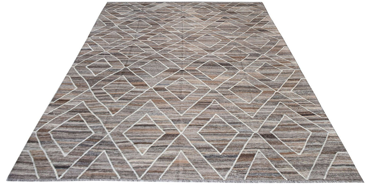 Handwoven Afghan Maimana kilim rug featuring a brown and grey striped diamond pattern.