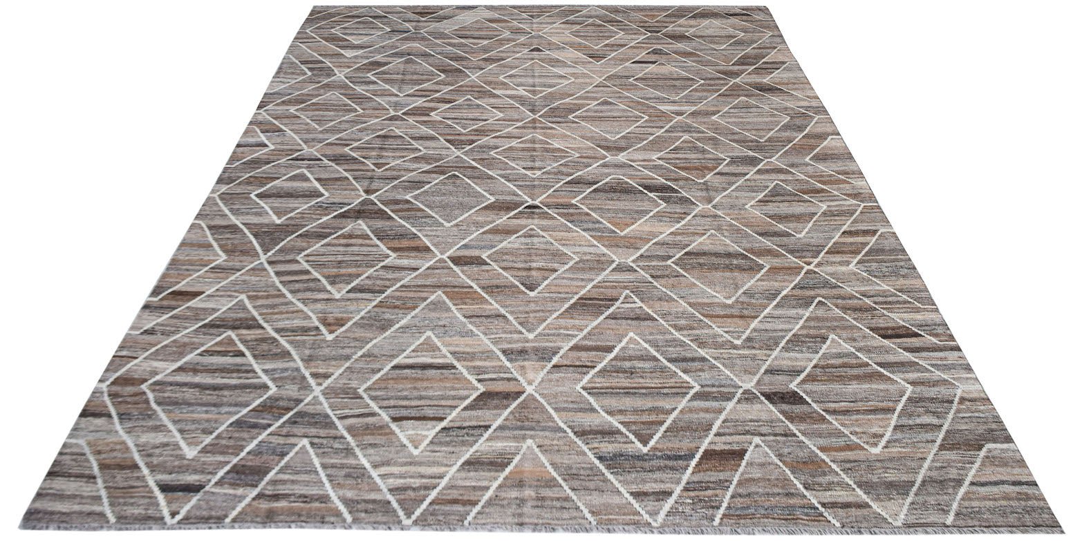 Handwoven Afghan Maimana kilim rug featuring a brown and grey striped diamond pattern.