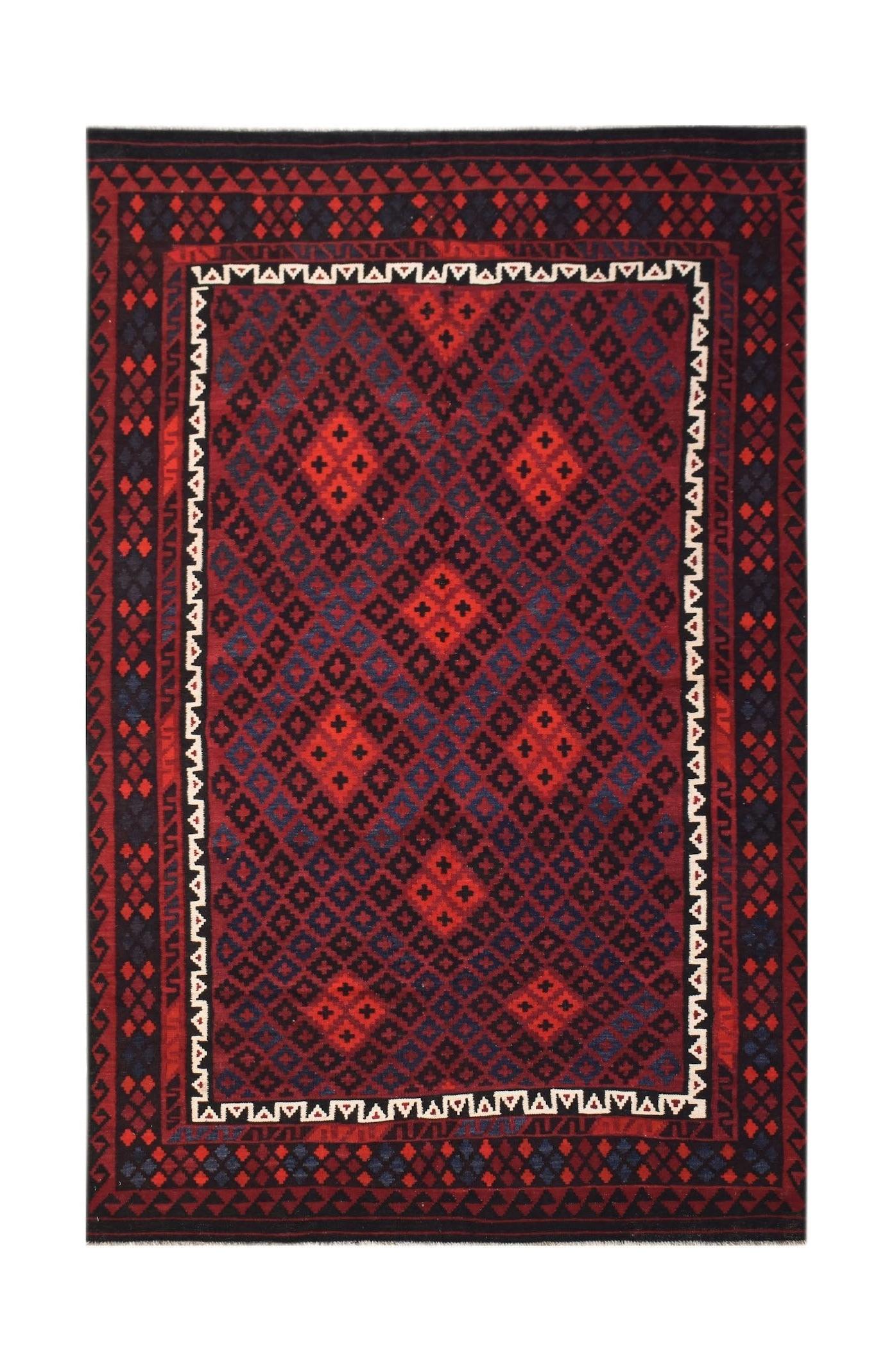 Handwoven Afghan Maimana kilim featuring a geometric diamond pattern in red and dark blue tones.