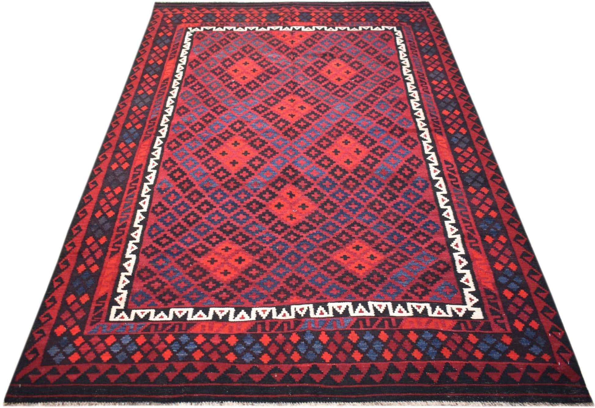 Handwoven Afghan Maimana kilim featuring a geometric diamond pattern in red and blue tones.
