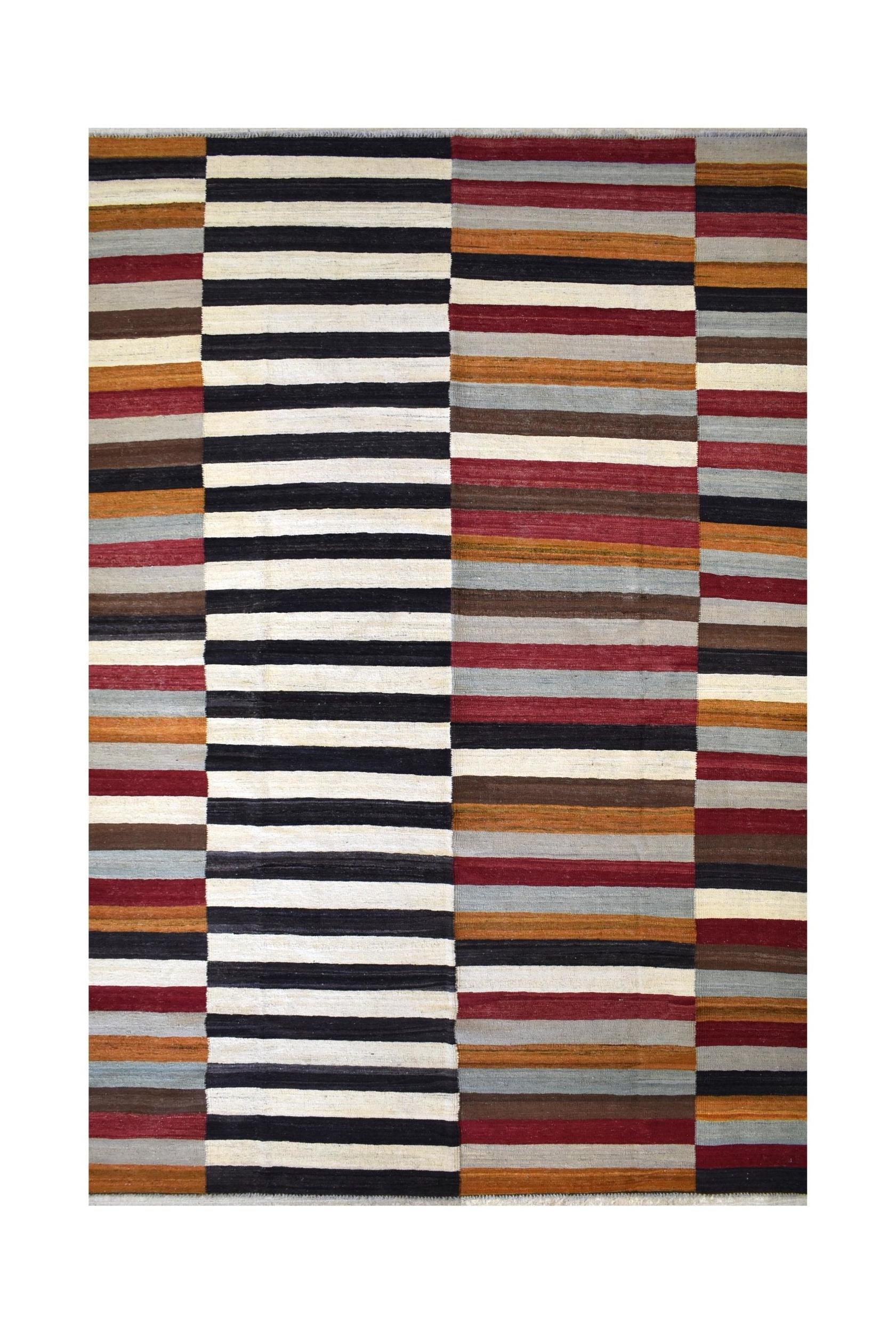 Handmade Afghan Maimana kilim rug featuring a geometric pattern of multicolored horizontal stripes.