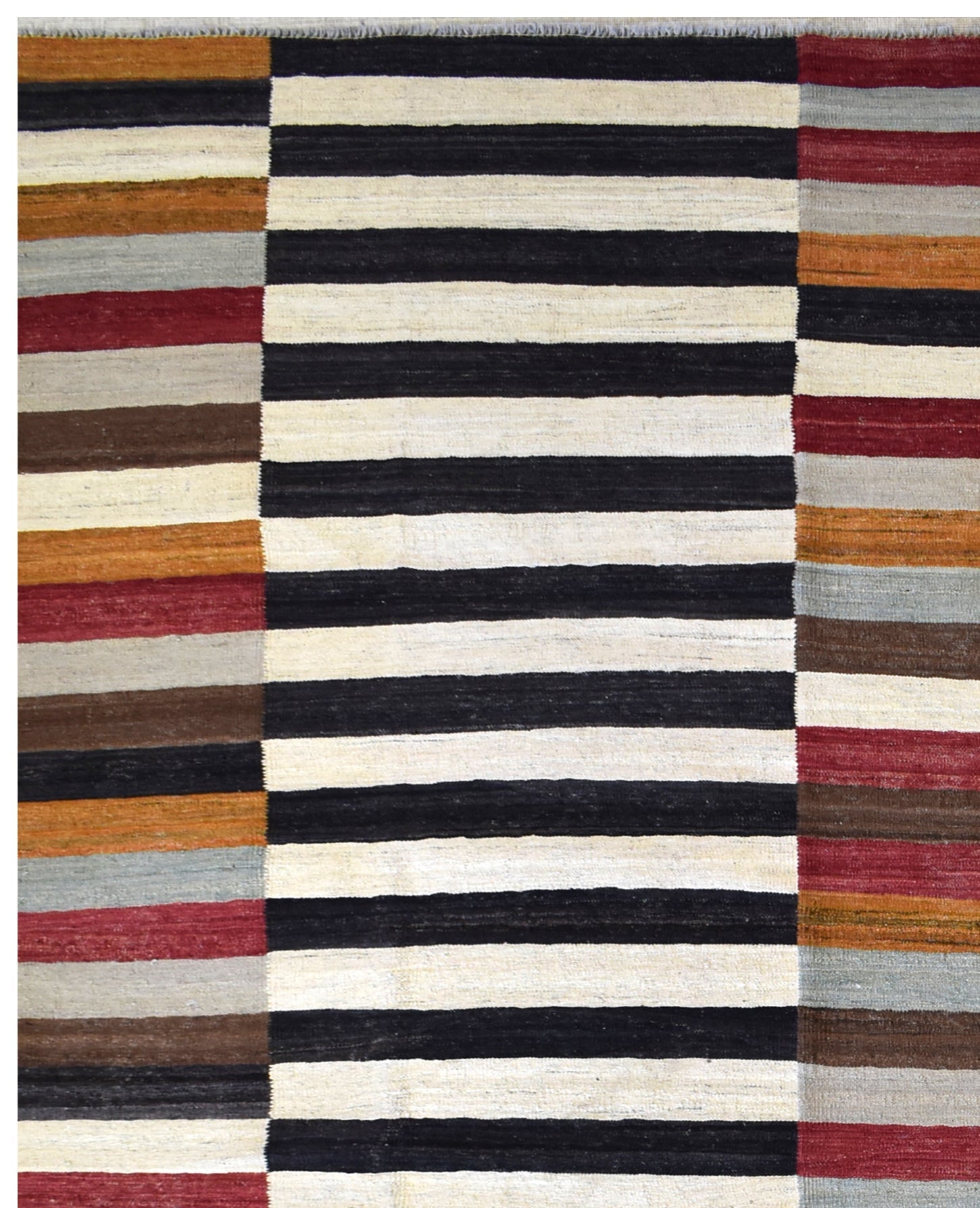 Handmade Afghan Maimana kilim rug featuring a geometric pattern of multicolored horizontal stripes.