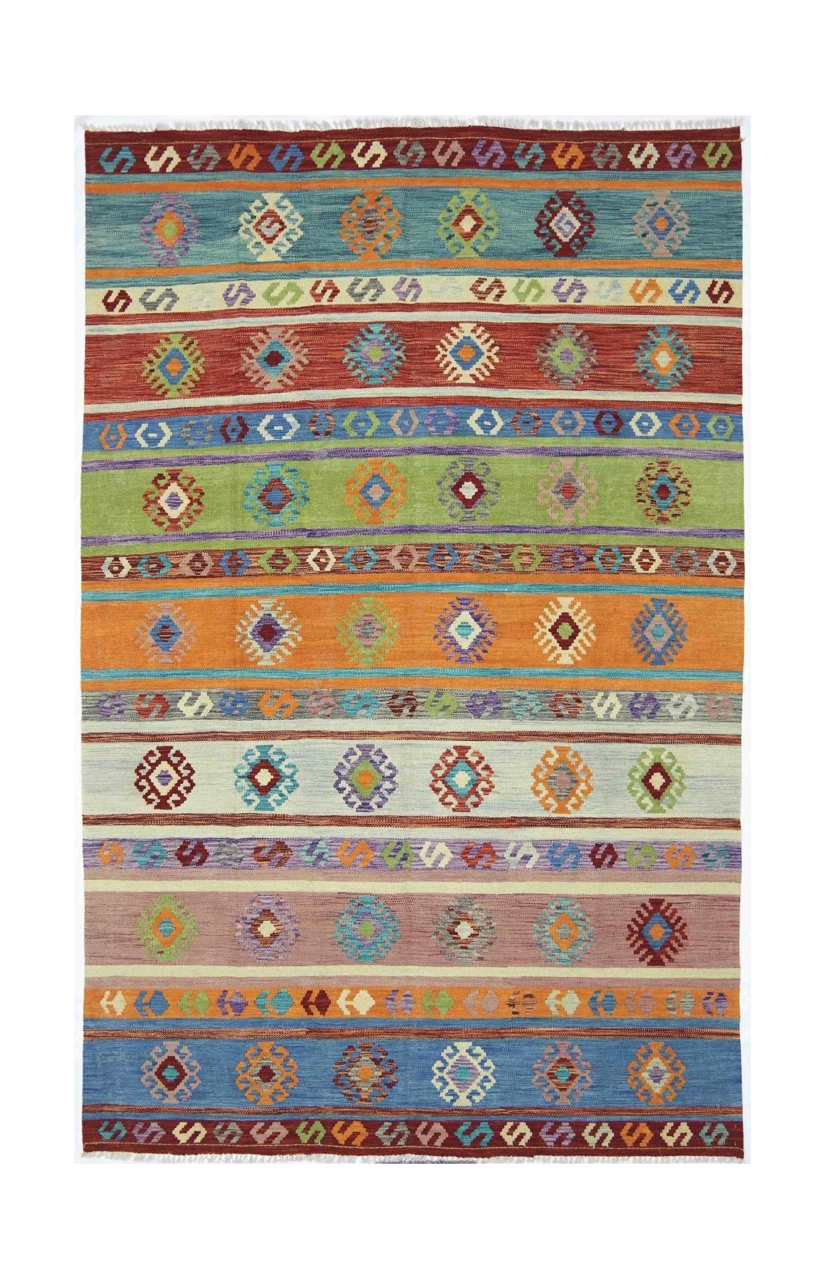 Handmade Afghan Maimana kilim rug featuring colorful geometric patterns on horizontal stripes.