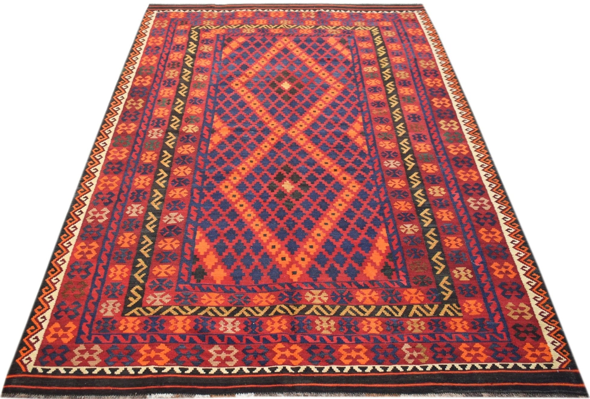 Handwoven Afghan Maimana kilim rug featuring a geometric diamond pattern in red and blue wool.