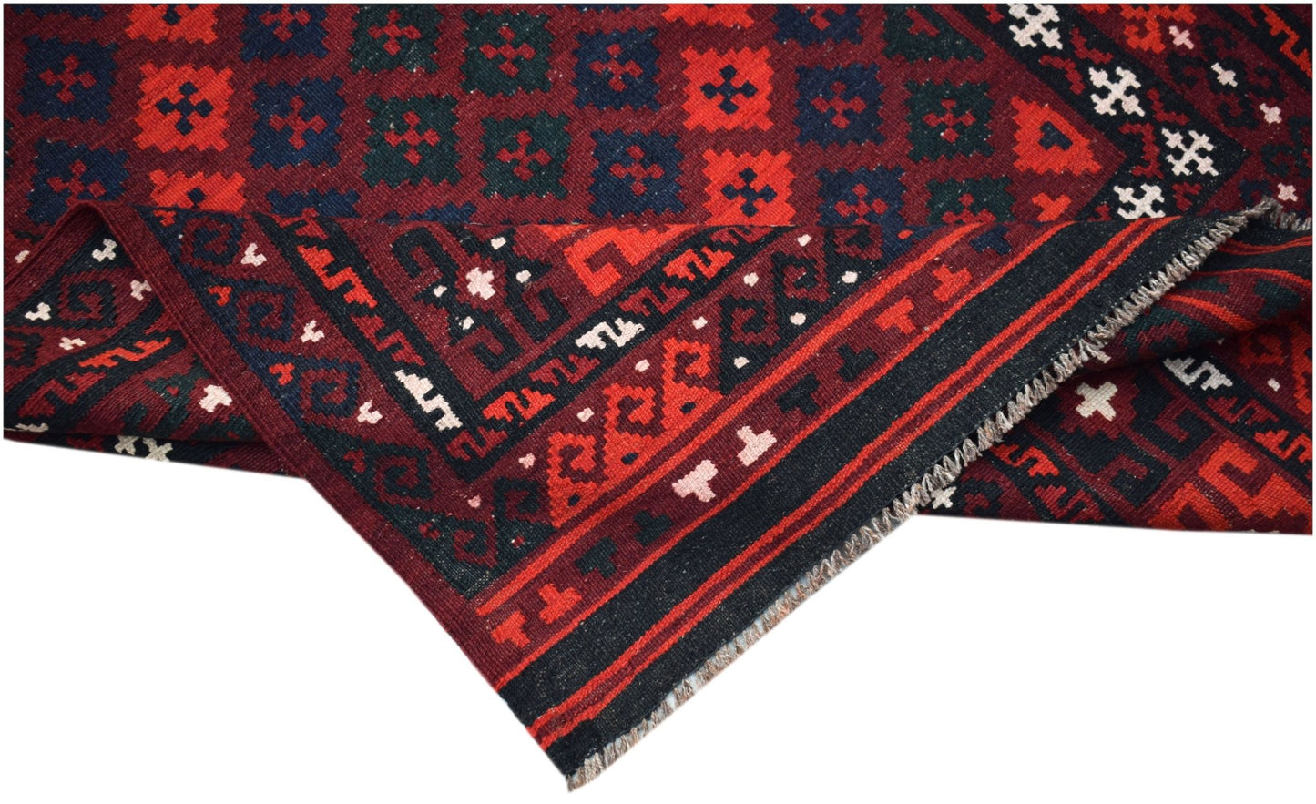 Handwoven Afghan Maimana kilim featuring a geometric pattern in red, black, and blue wool.