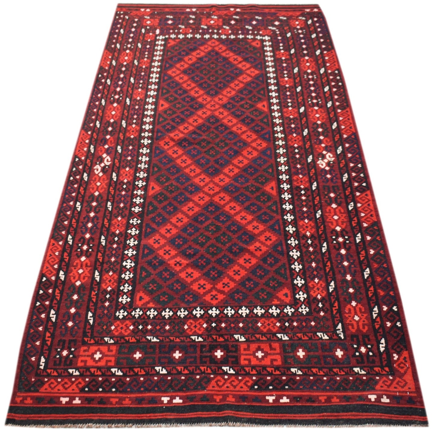 Handwoven Afghan Maimana kilim runner featuring a geometric diamond pattern in red and dark blue.