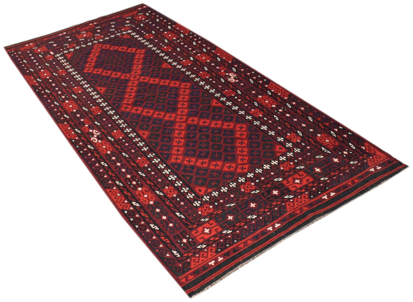 A rectangular Afghan Maimana kilim rug featuring a geometric diamond pattern in red and dark blue.