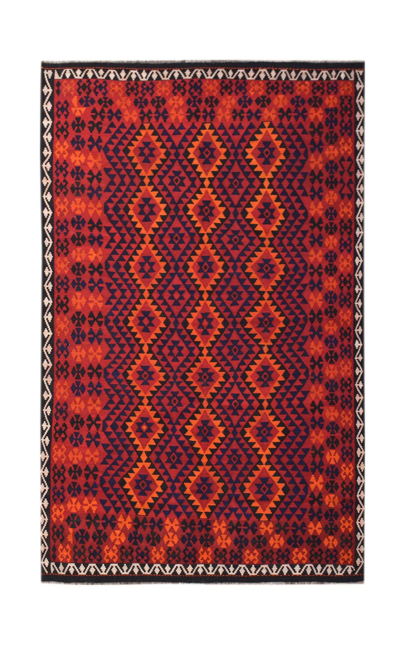Handwoven Afghan Maimana kilim featuring a geometric diamond pattern in red, orange, and navy.