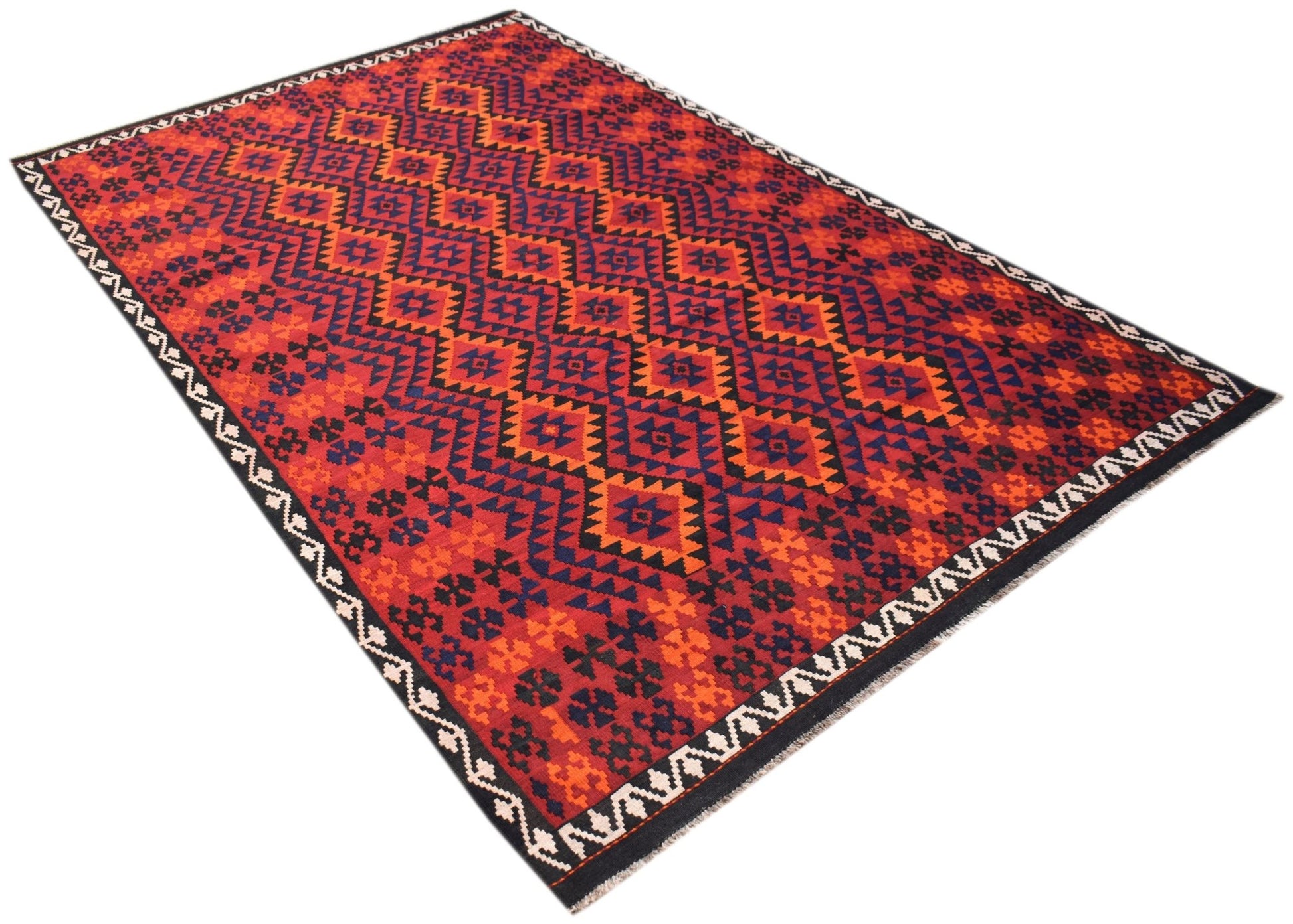 Handwoven Afghan Maimana kilim rug featuring a geometric diamond pattern in red, orange, and blue.