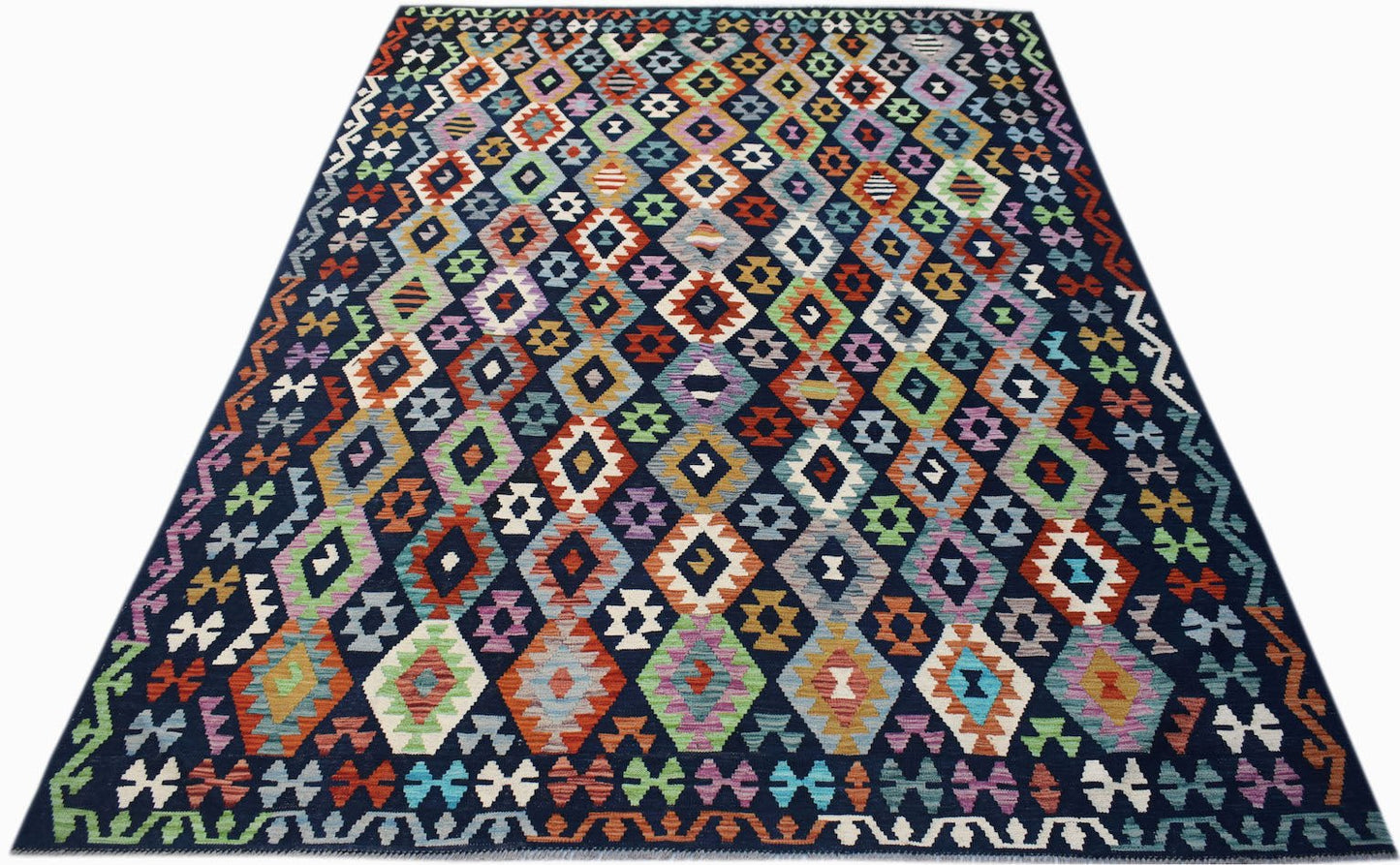 Handwoven Afghan Maimana wool kilim featuring a vibrant, multi-colored geometric diamond pattern.