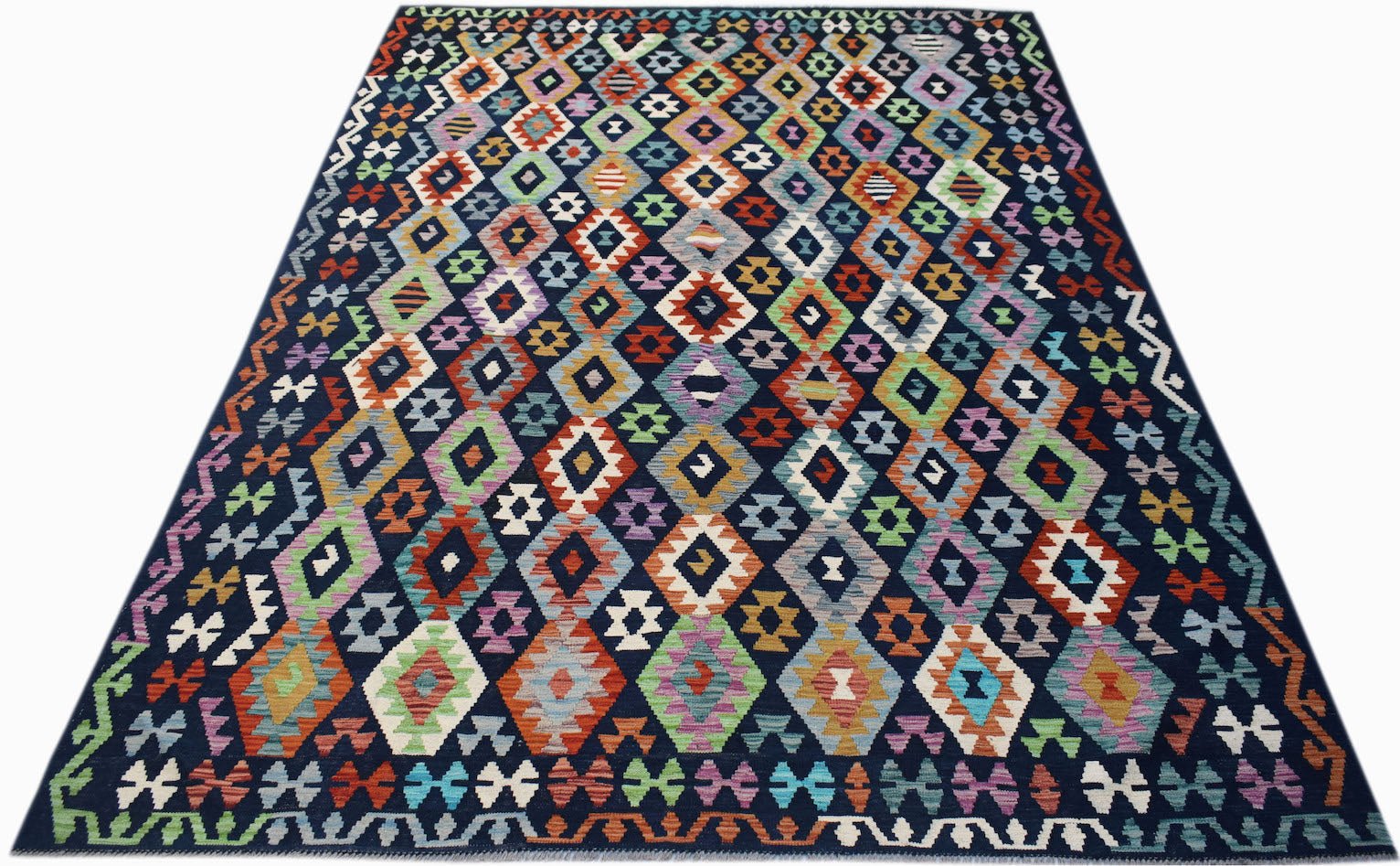 Handwoven Afghan Maimana wool kilim featuring a vibrant, multi-colored geometric diamond pattern.