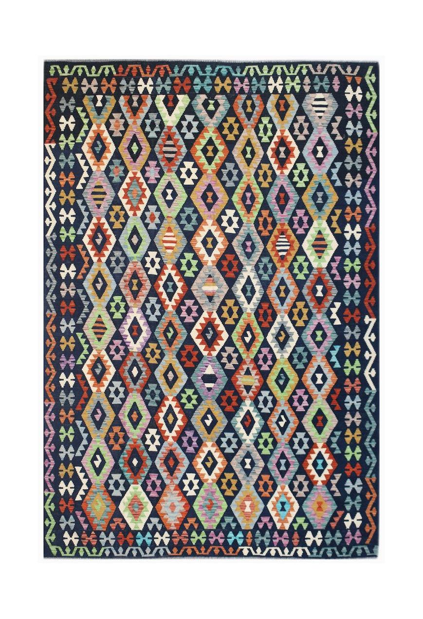 Handwoven Afghan Maimana kilim rug featuring a colorful geometric diamond pattern on a dark base.