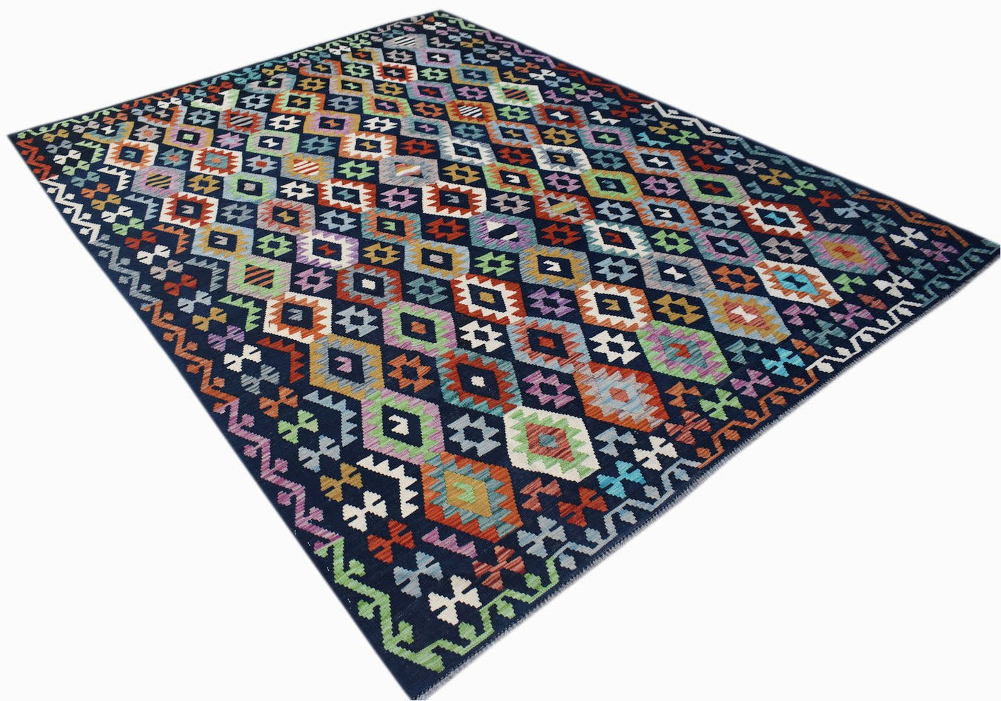 A handmade Afghan Maimana kilim rug featuring a vibrant, multi-colored geometric diamond pattern.