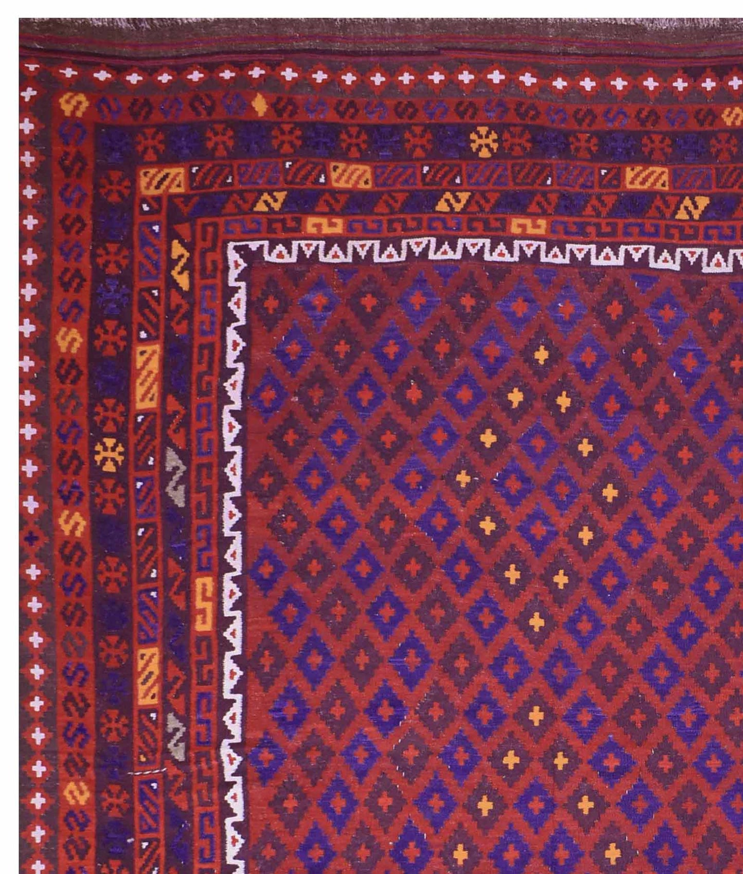 Handmade Afghan Maimana kilim rug featuring a geometric diamond pattern in red and blue tones.