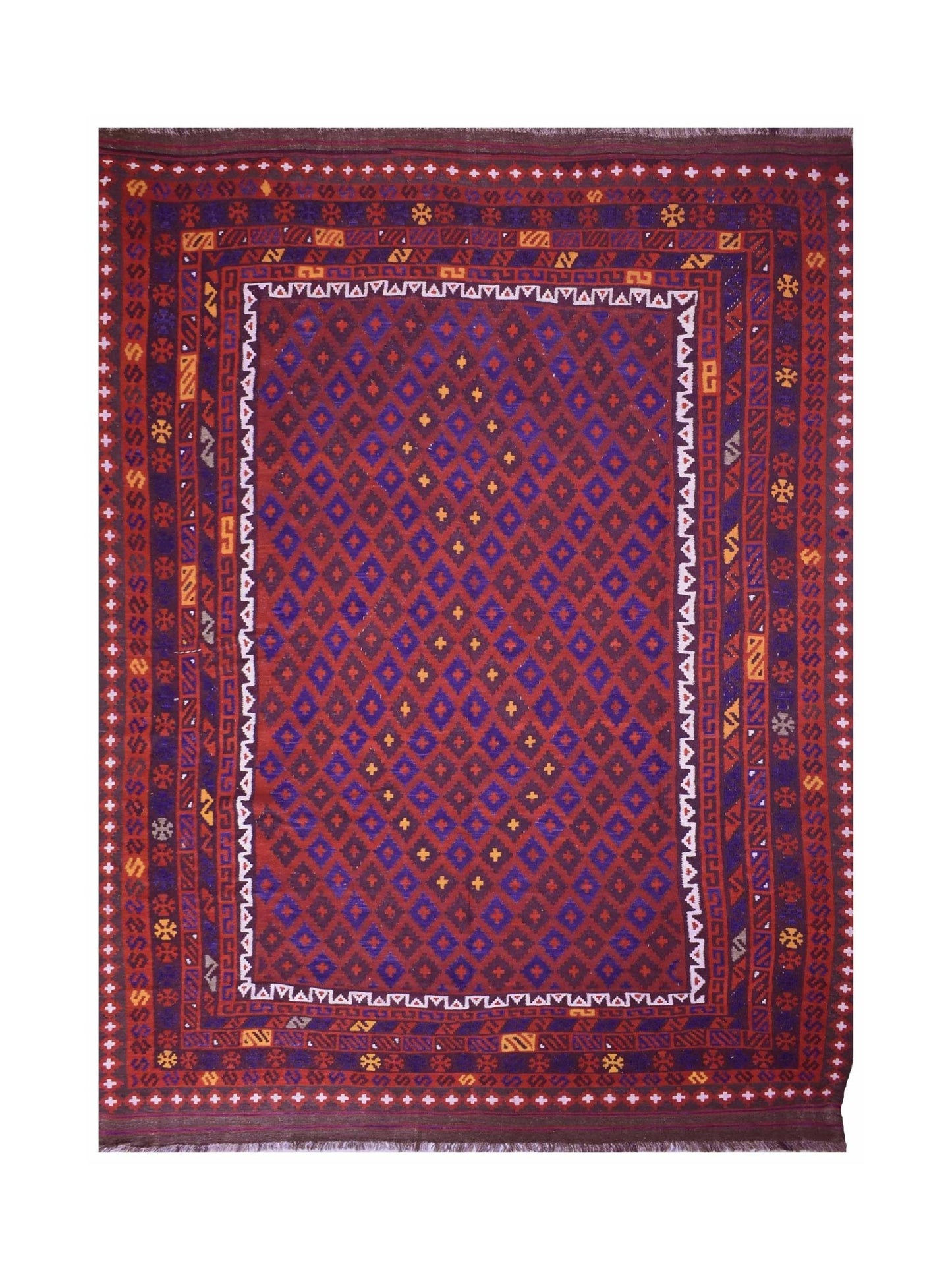Handmade Afghan Maimana kilim rug featuring a geometric diamond pattern in red and blue tones.