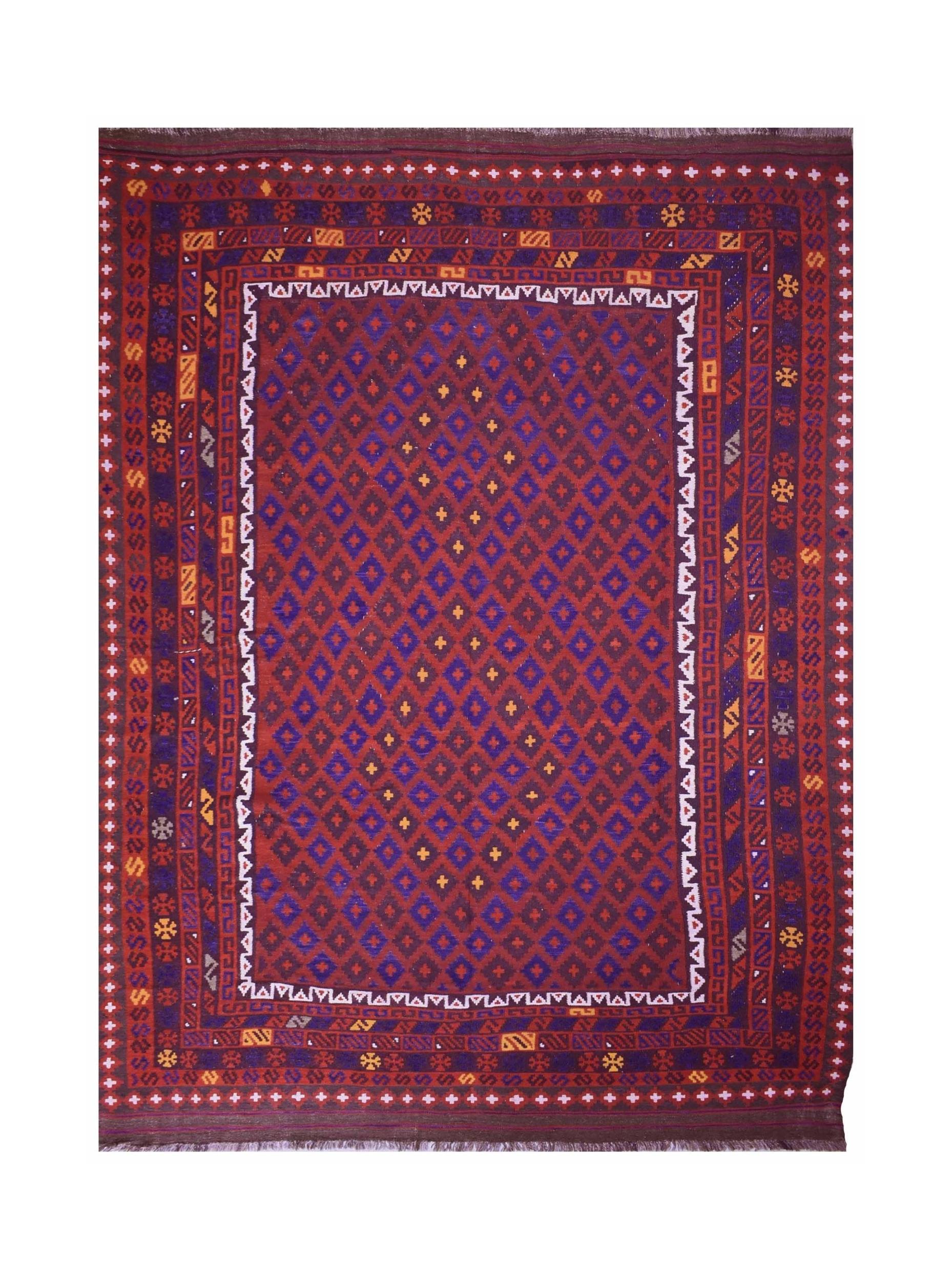 Handmade Afghan Maimana kilim rug featuring a geometric diamond pattern in red and blue tones.