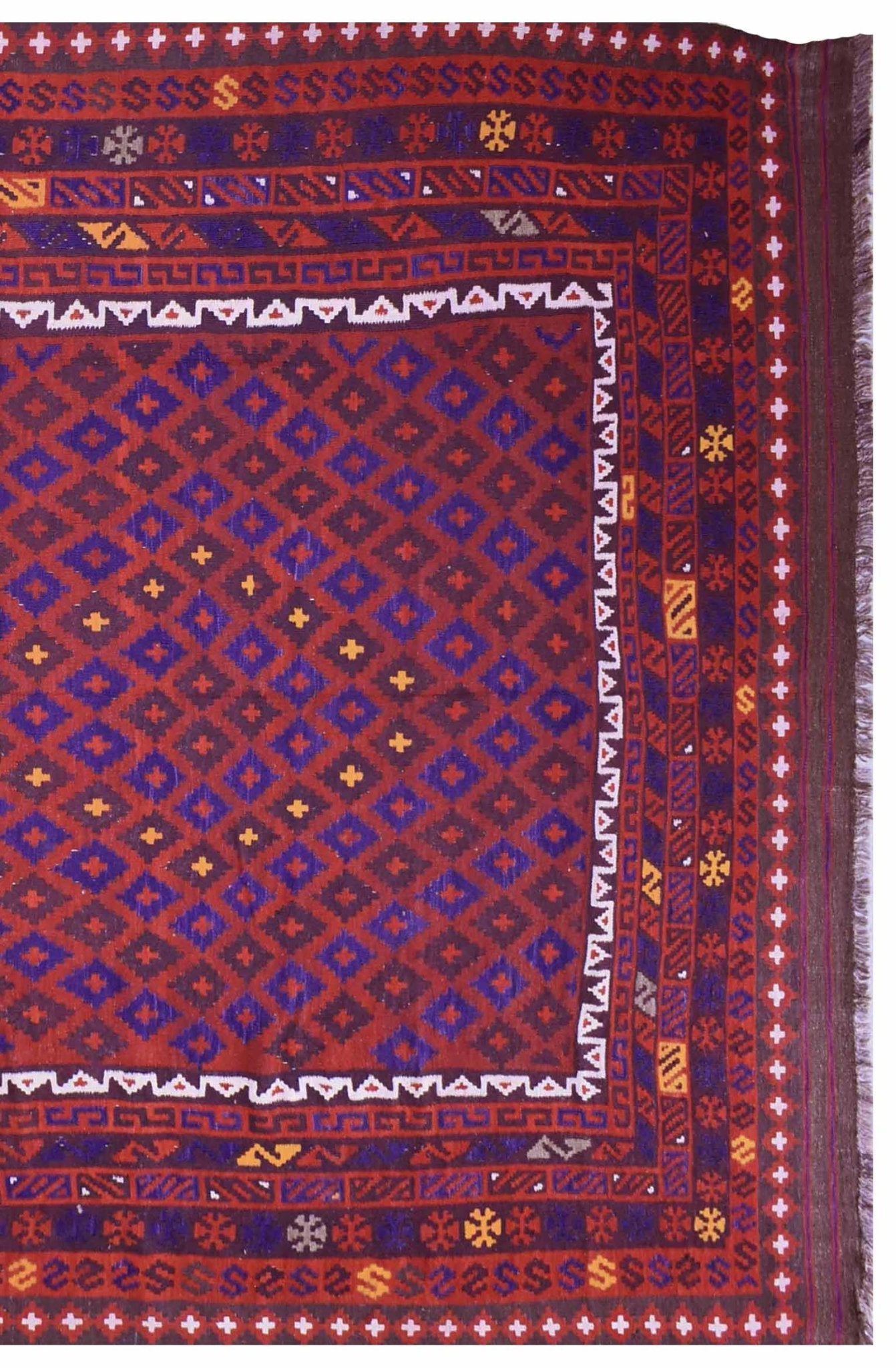 Handmade Afghan Maimana kilim rug featuring a geometric diamond pattern in red and blue.