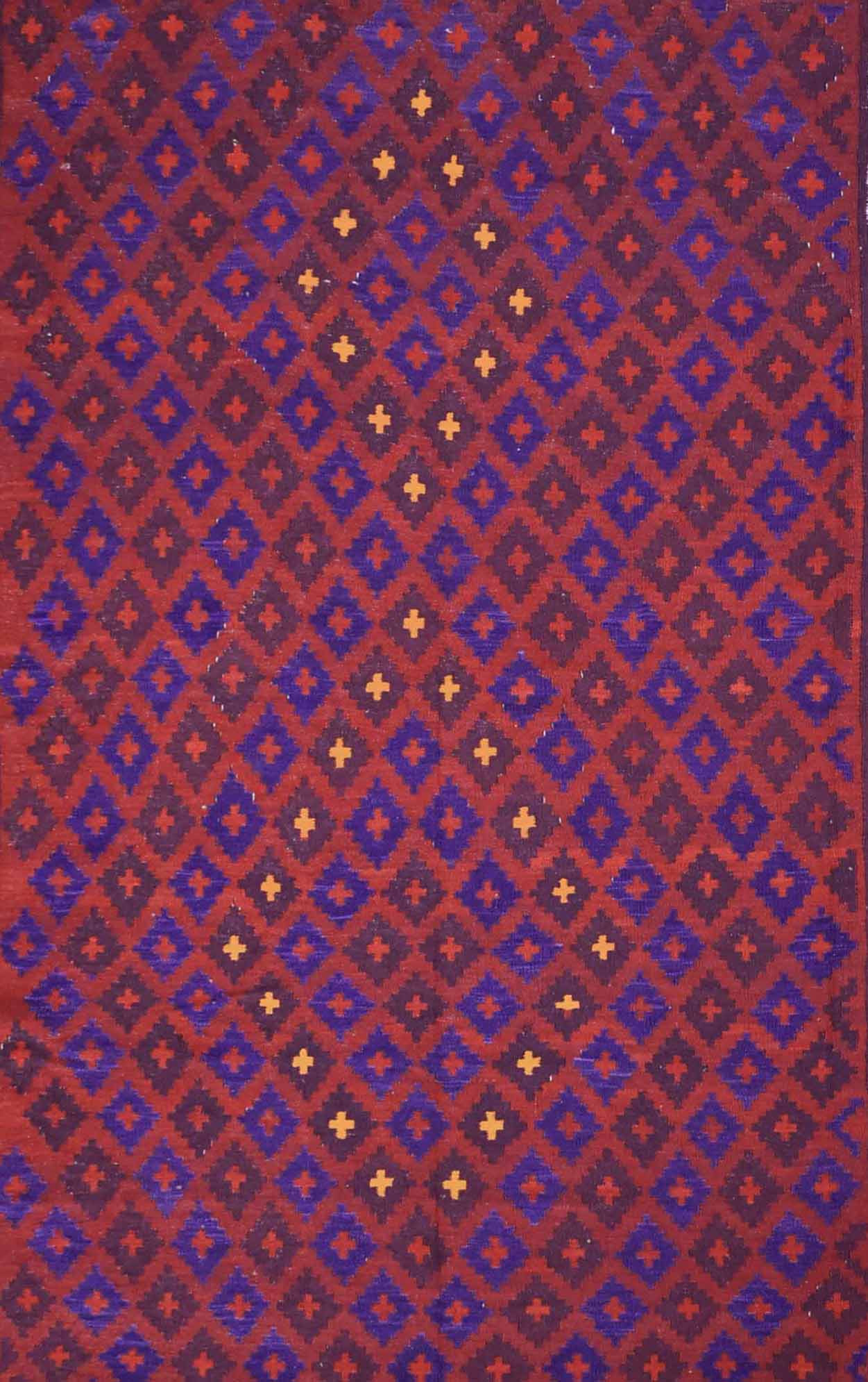 Handmade Afghan Maimana kilim rug featuring a repeating geometric diamond pattern in red and blue.