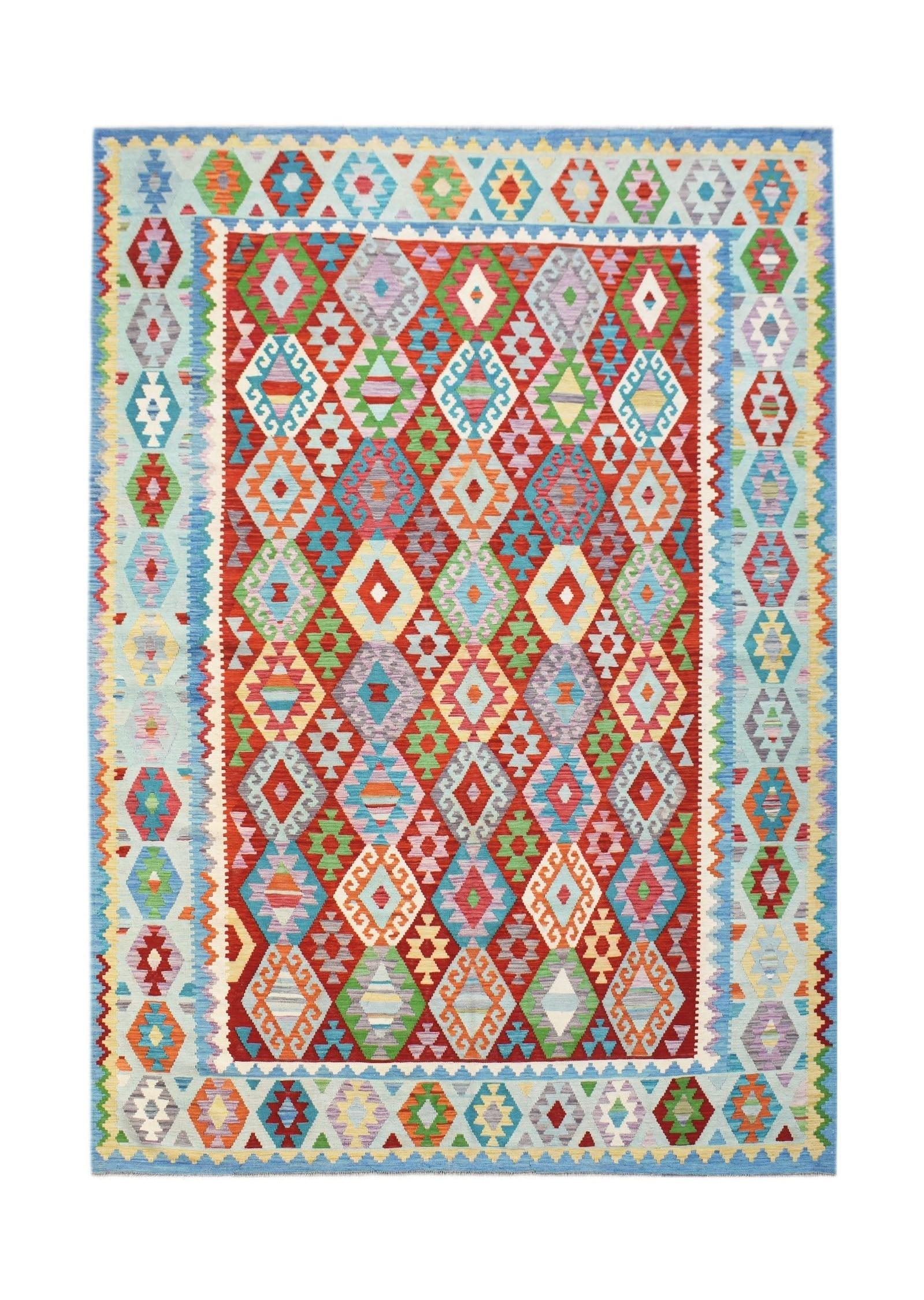 Handwoven Afghan Maimana kilim rug featuring a vibrant geometric diamond pattern in wool.