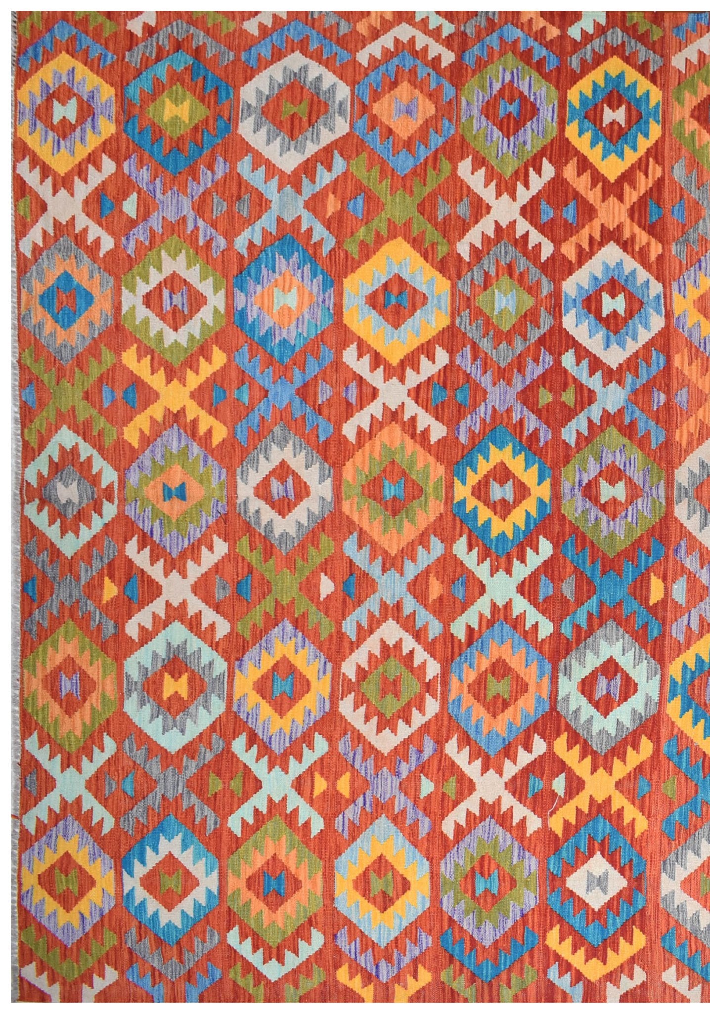 Handmade Afghan Maimana kilim rug featuring a vibrant geometric pattern in rich, multicolored hues.