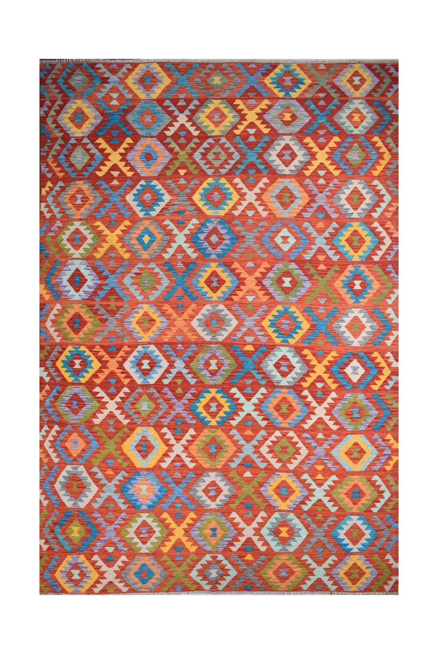 Handmade Afghan Maimana kilim rug featuring a vibrant geometric pattern in multi-colored wool.