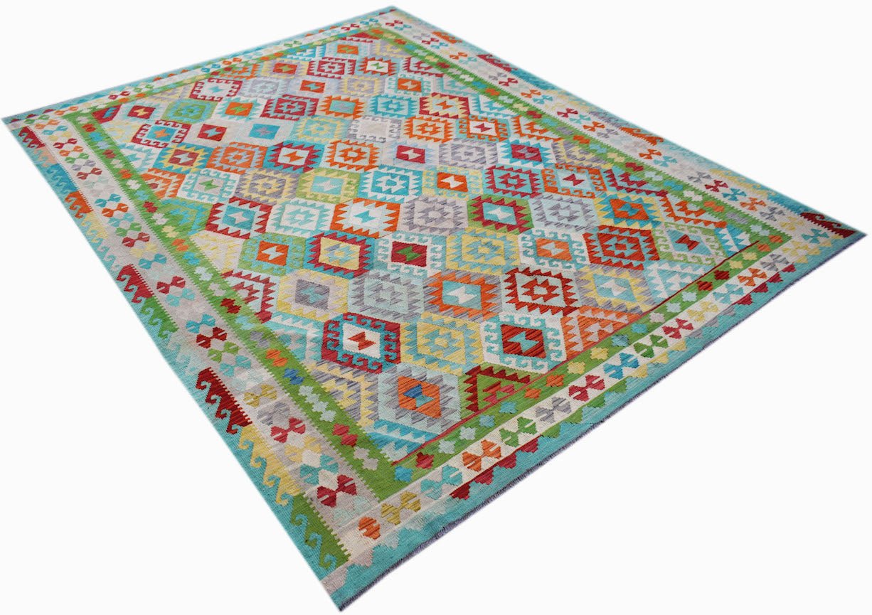 A rectangular Afghan Maimana kilim rug featuring a colorful geometric diamond pattern.
