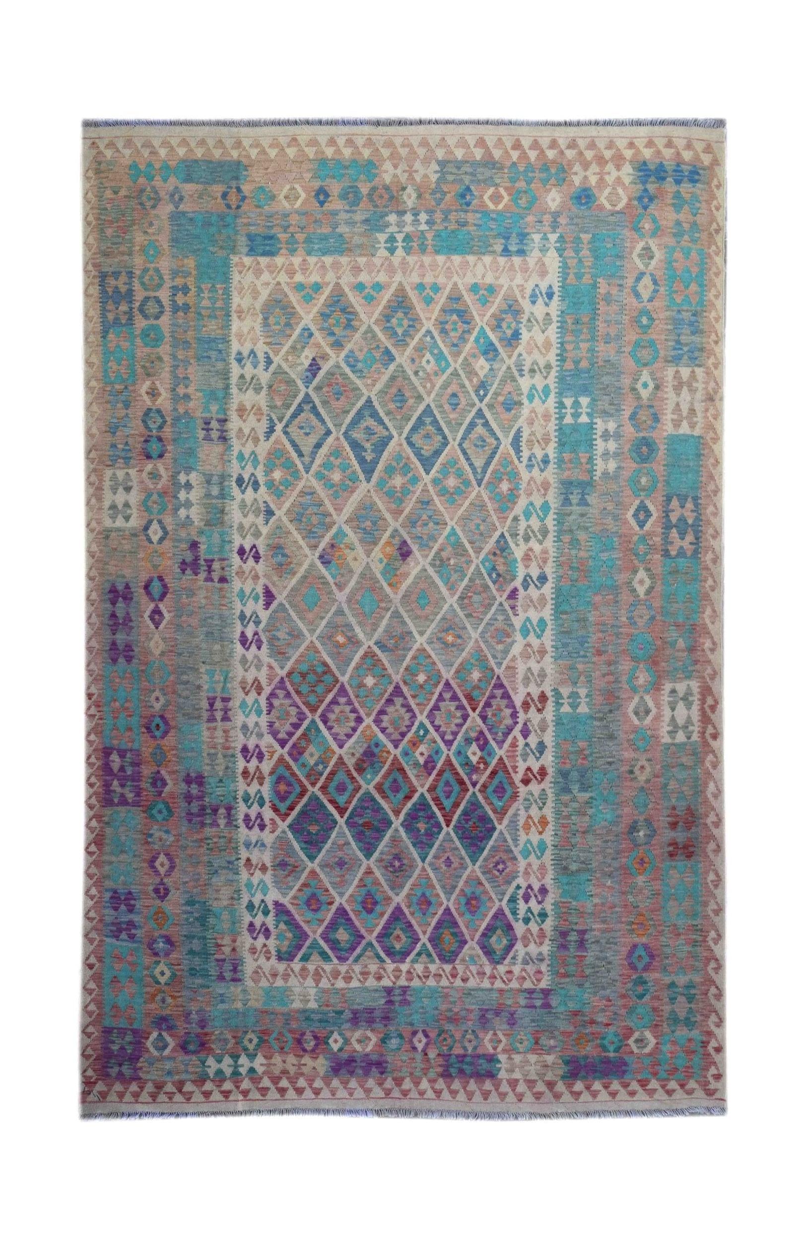 Handmade Afghan Maimana kilim rug featuring a geometric diamond pattern in blue, purple, and tan.