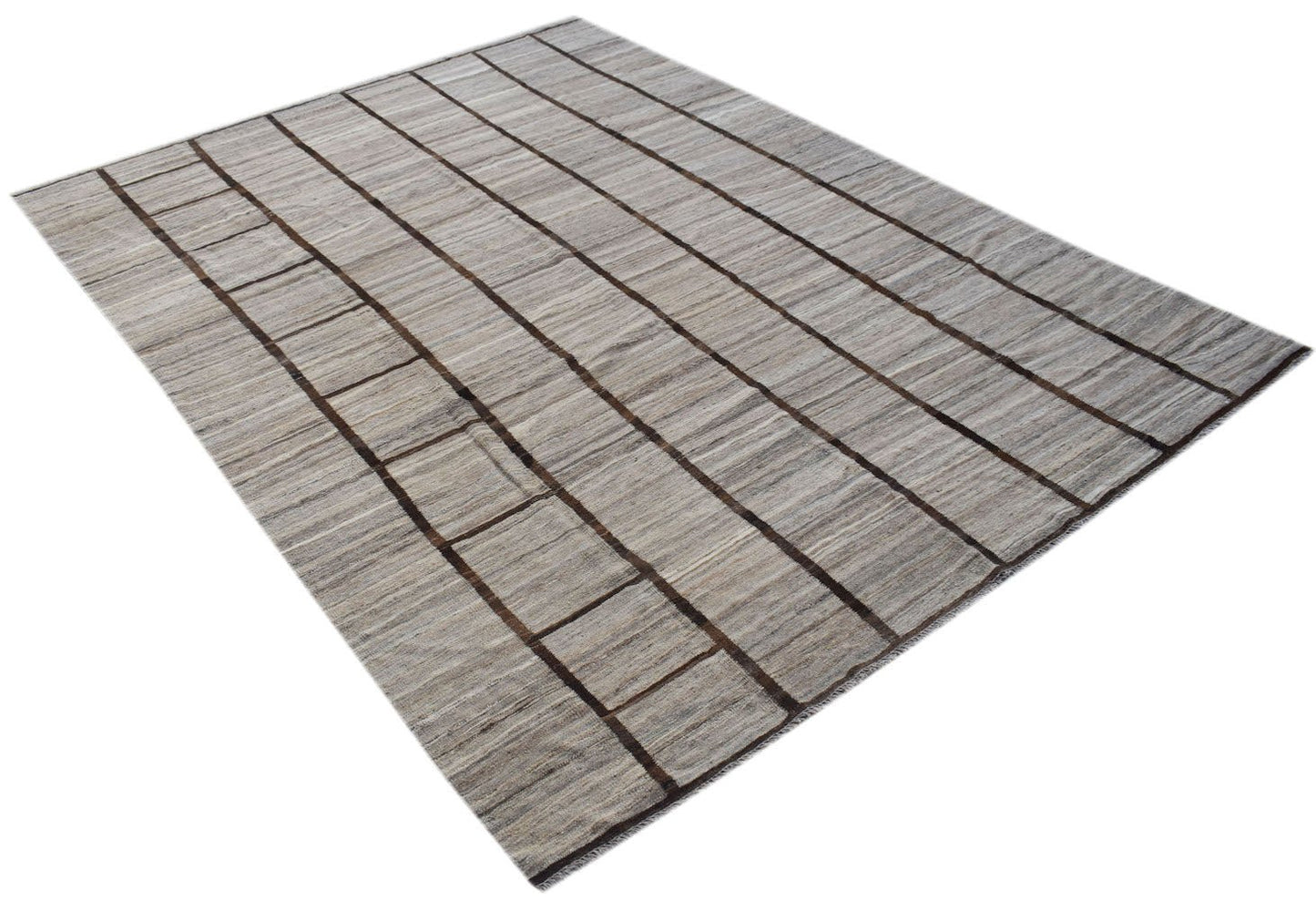 Afghan Maimana Kilim with a striped grid pattern in neutral tones.